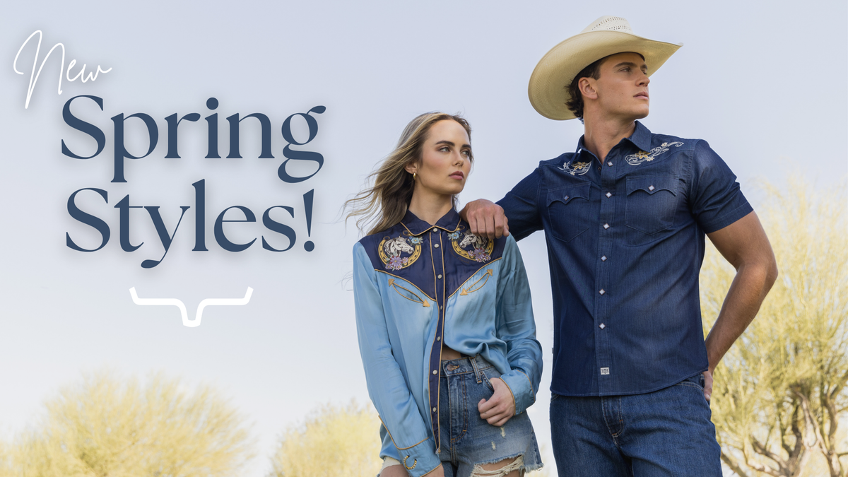 Spring western wear outfits from Kimes Ranch 2026 collection featuring tops, dresses, and modern western styles