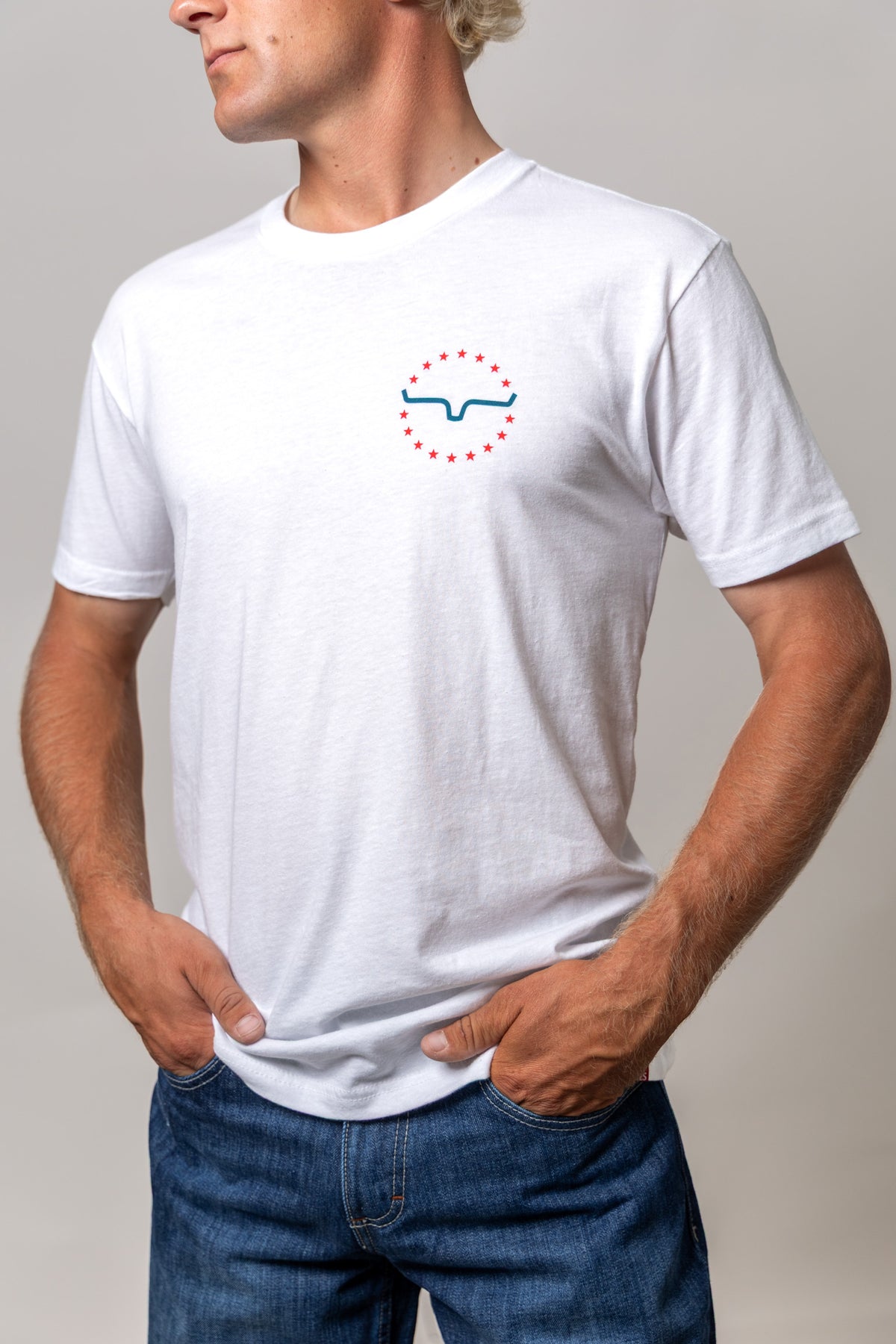 Kimes Ranch 76 White t-shirt with a chest graphic of a blue steer head inside a circle of red stars