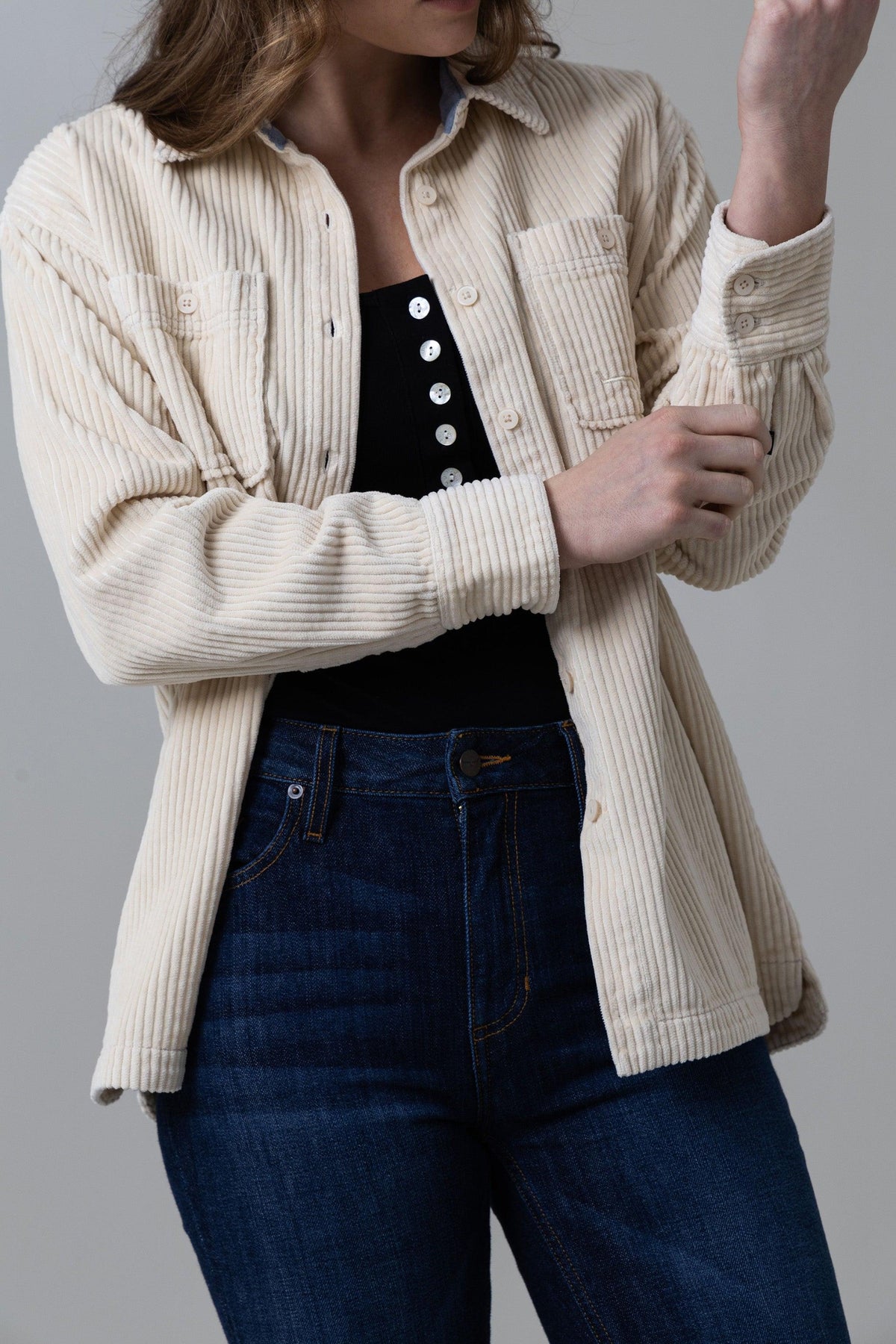 Kimes Ranch Luna Cord top in Tan with button front, chest pockets, and long sleeves