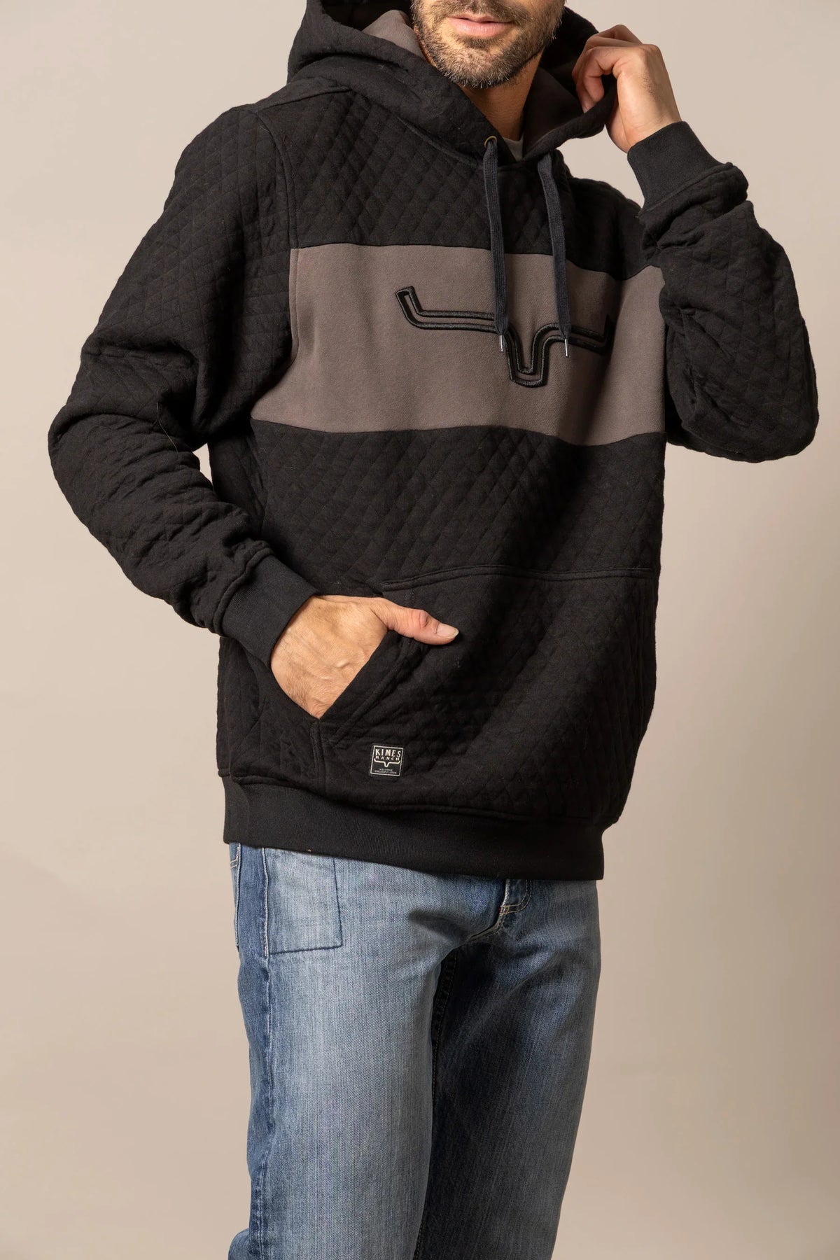 Kimes Ranch AF Ripon Hoodie in Black with a grey chest panel and Kimes Ranch logo