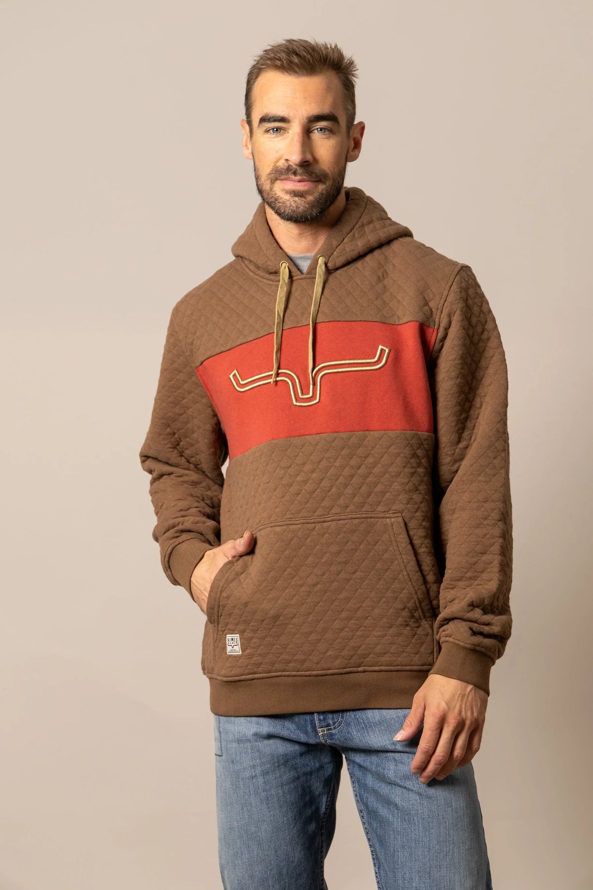 Kimes Ranch AF Ripon Hoodie in Brown with a red chest panel and embroidered steer logo