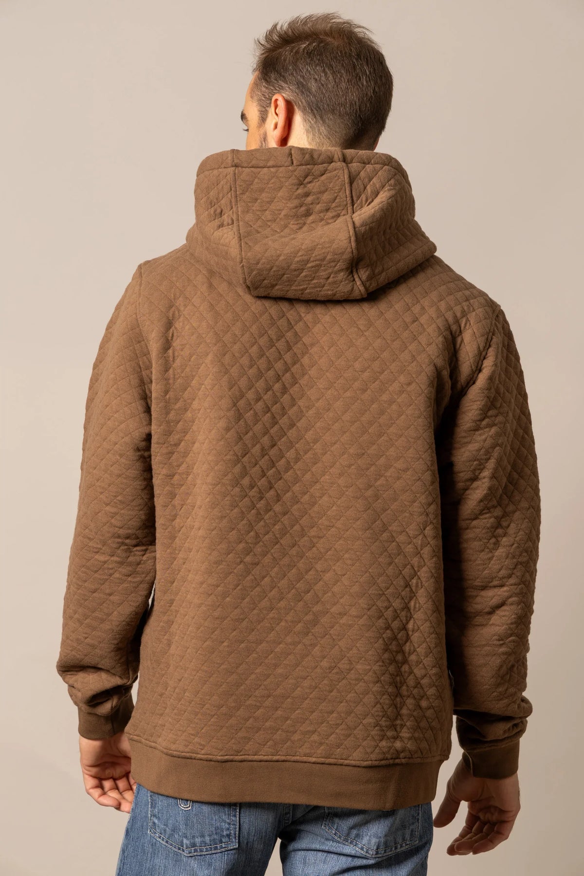 Kimes Ranch AF Ripon Hoodie in Brown, back view, with diamond quilting on the back and hood