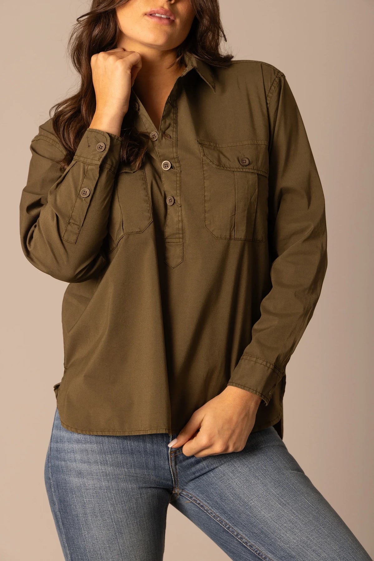 Kimes Ranch Abigail Popover in olive with a button-front placket and two chest pockets
