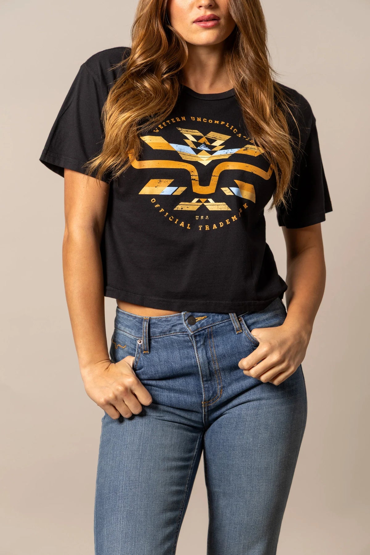 Kimes Ranch Abiquiu Black short sleeve shirt with vintage gold and blue graphic print