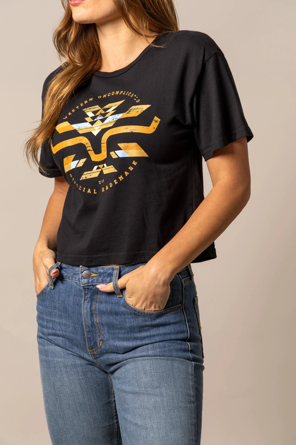 Kimes Ranch Abiquiu Black short sleeve shirt with Western Uncomplicated Official Trademark graphic