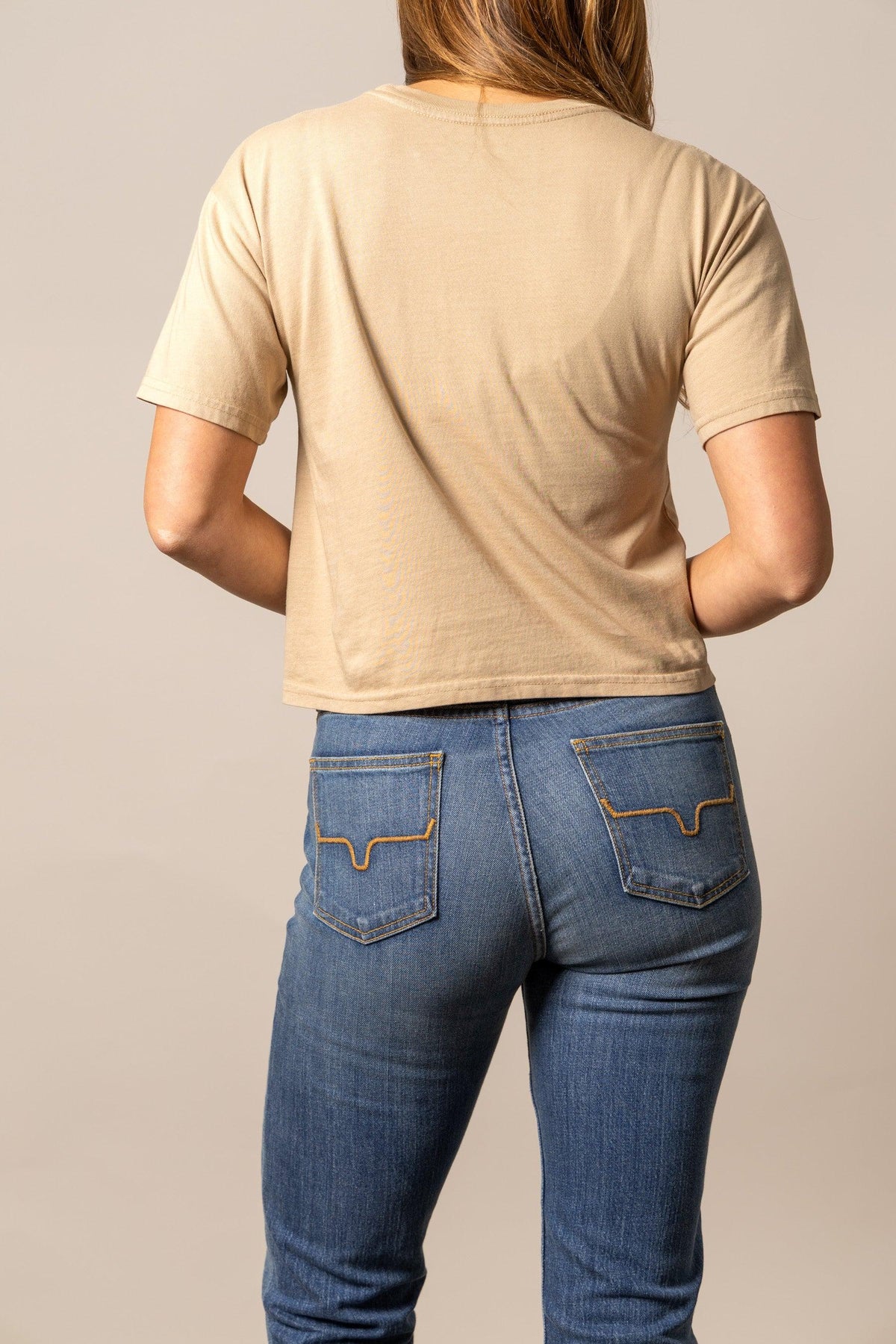 Kimes Ranch Abiquiu shirt in Tan, back view, with short sleeves and a crew neck