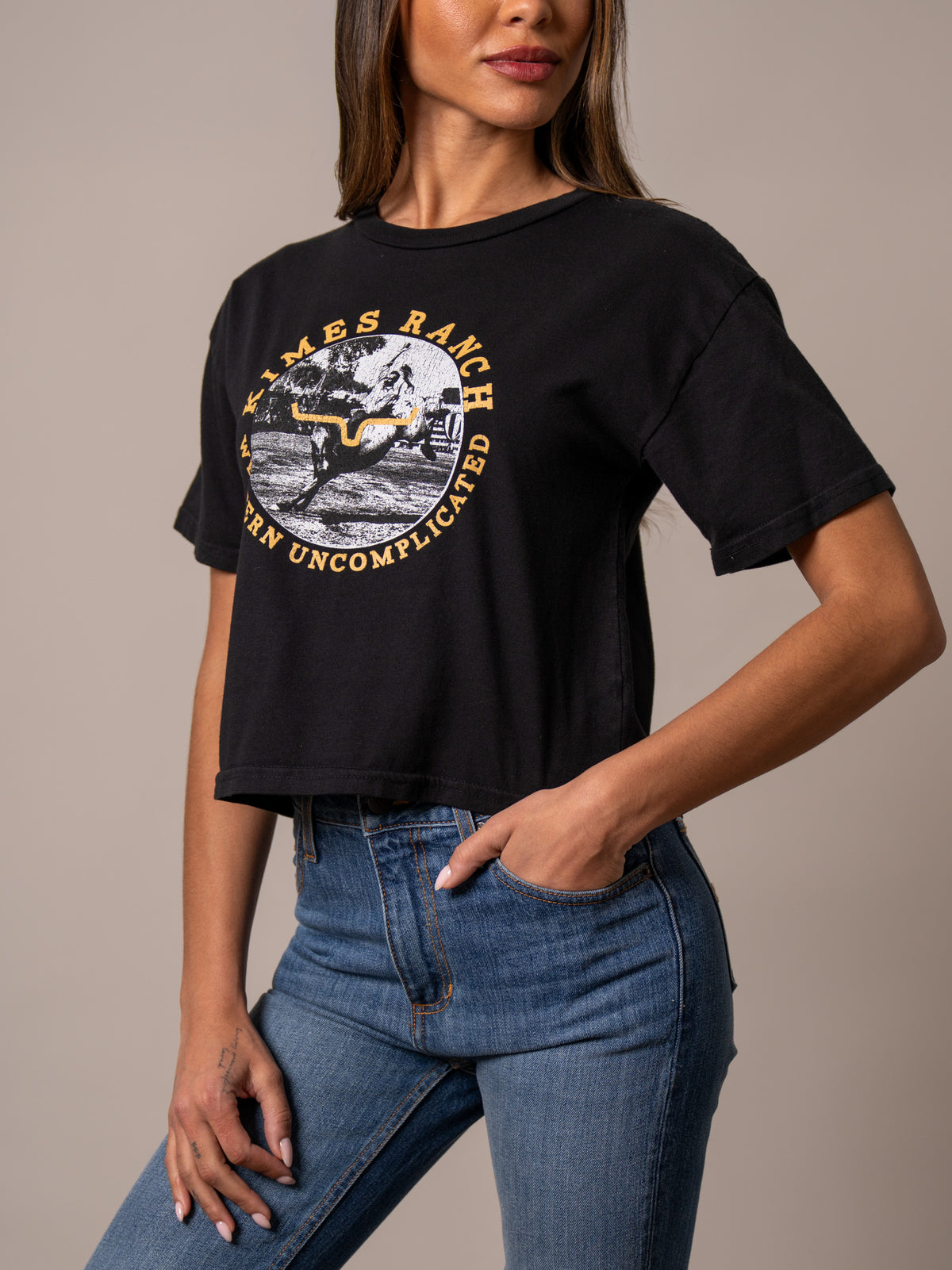 Kimes Ranch Afternoon Rodeo Black shirt with a vintage rodeo graphic and Western Uncomplicated text