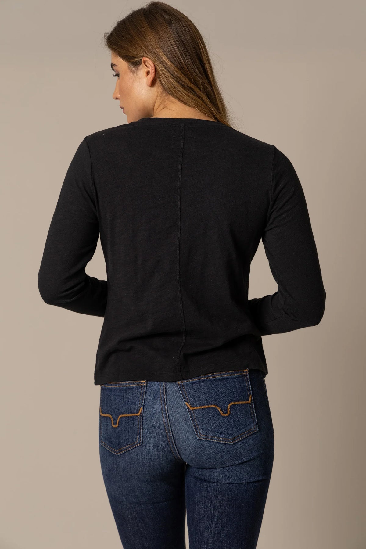 Kimes Ranch Ainsley long sleeve top in Black, back view, with a center back seam