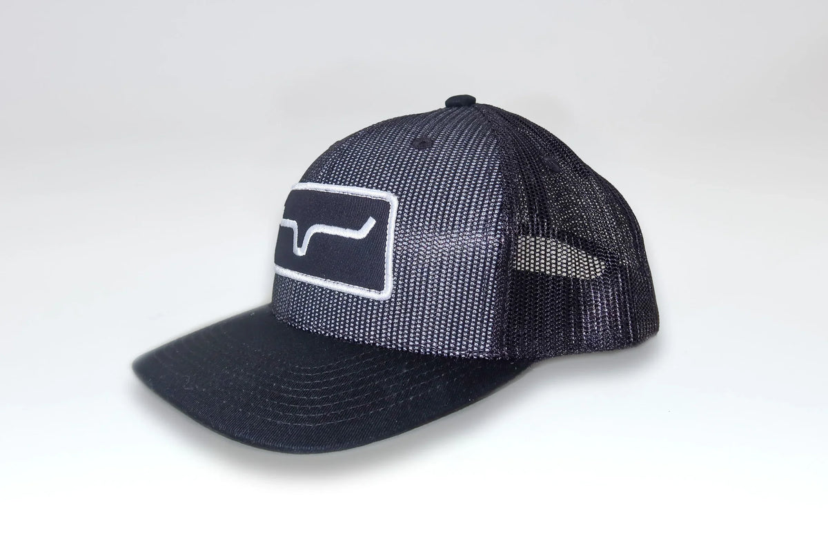 Kimes Ranch All Mesh Trucker Hat in Black, side view, with a front logo patch and mesh back panels