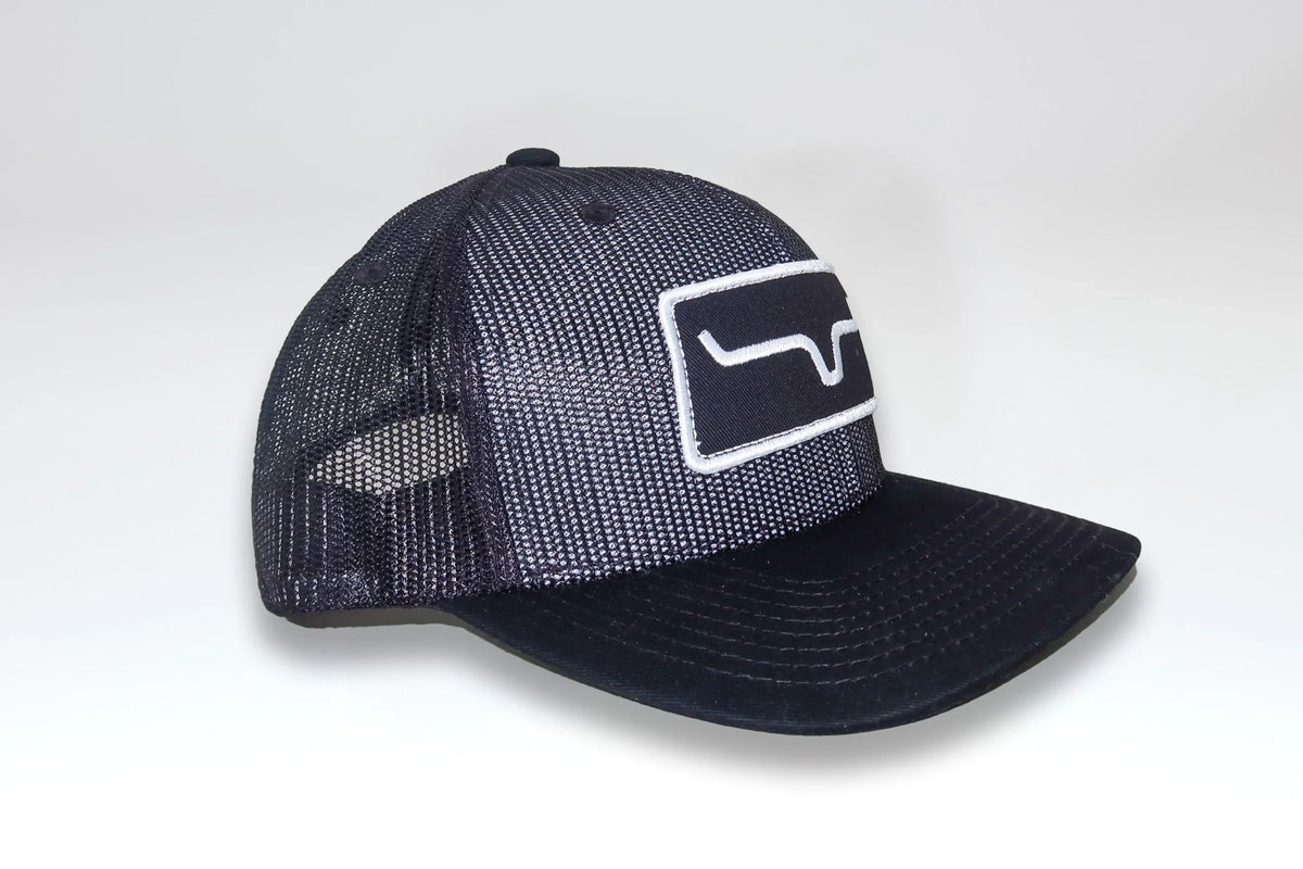 Kimes Ranch All Mesh Trucker Hat in Black, side view, with a front logo patch