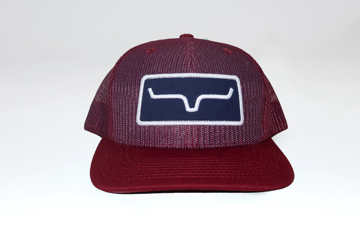 Kimes Ranch All Mesh Trucker Hat in Burgundy with a navy and white logo patch