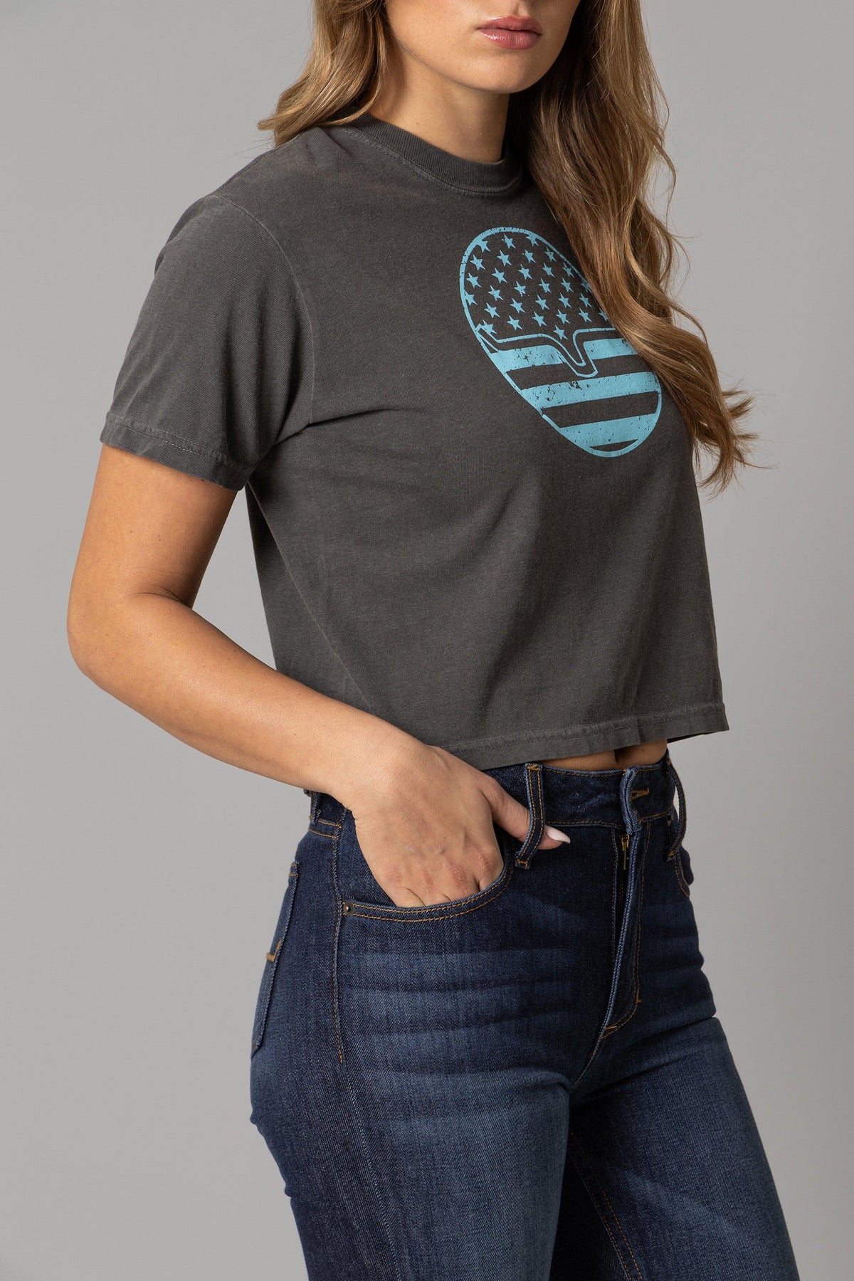 Kimes Ranch Ladies American Bullseye Crop shirt in Pepper, side view