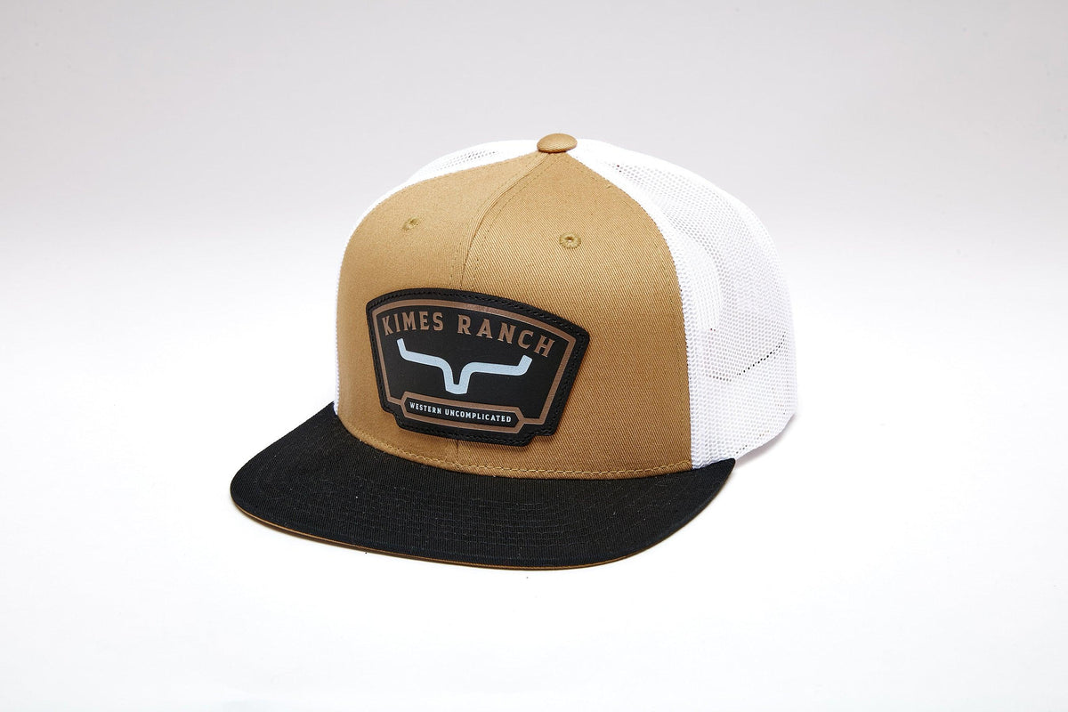Kimes Ranch Amboy hat in Work Wear Brown, side view, with white mesh back and black brim featuring the Kimes Ranch logo