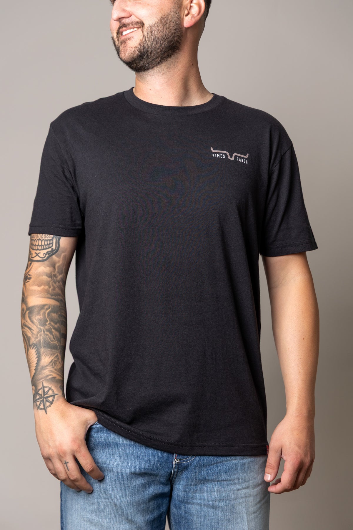 Kimes Ranch American Cowboy shirt in Black with a crewneck and the Kimes Ranch logo on the chest