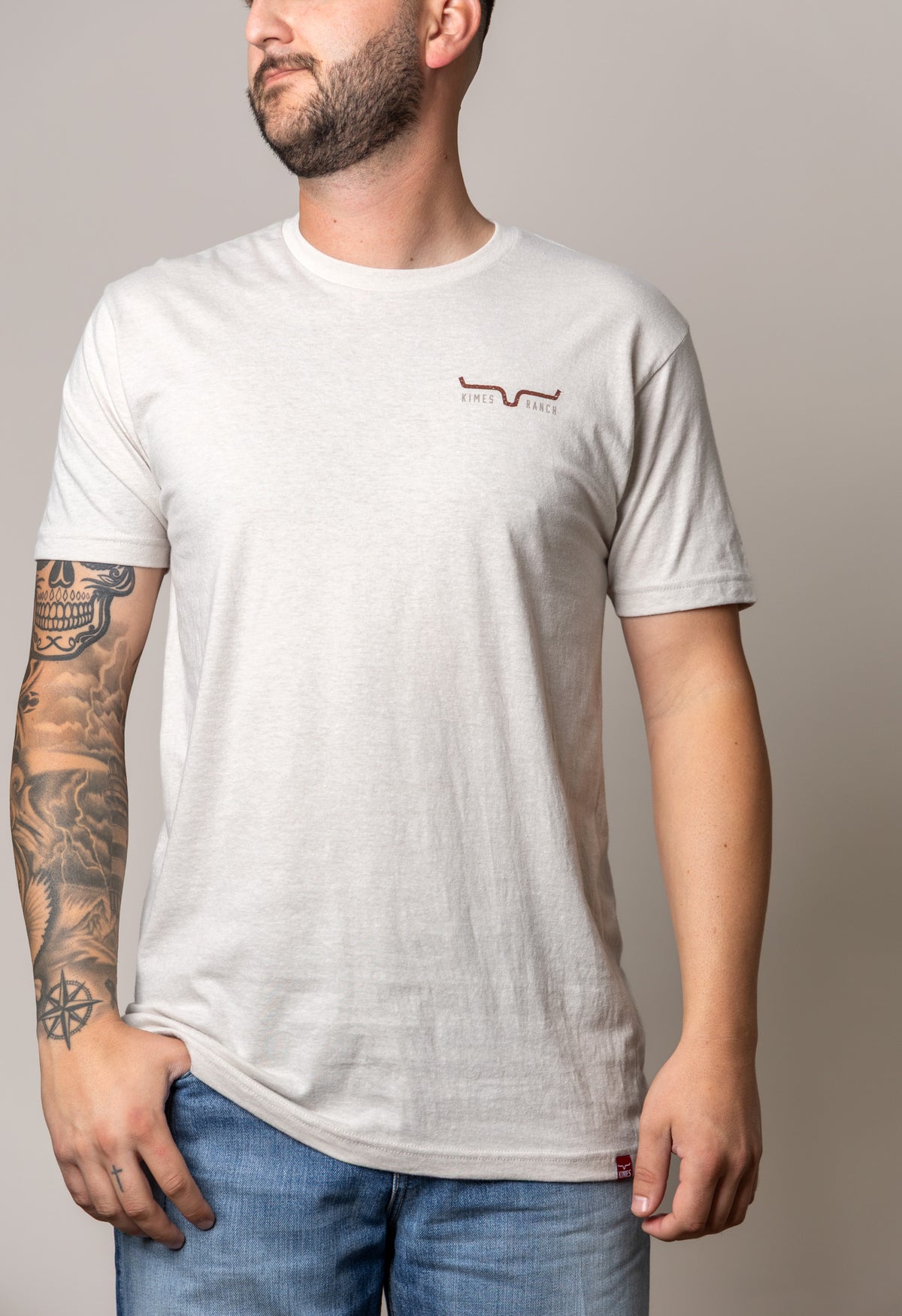 Kimes Ranch American Cowboy shirt in Sand with a small Kimes Ranch logo on the chest