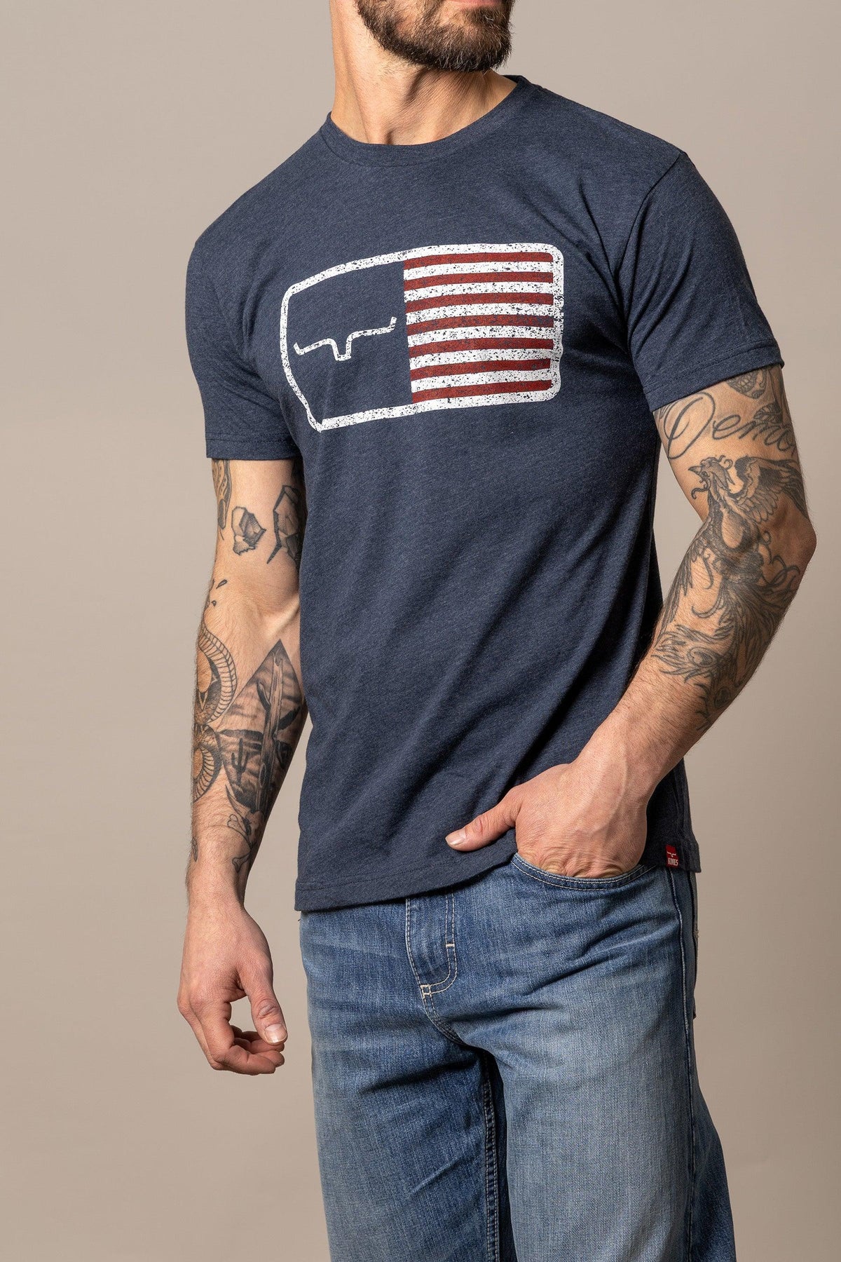 Kimes Ranch American Trucker Tee Shirt in Navy with a distressed Texas flag graphic on the chest