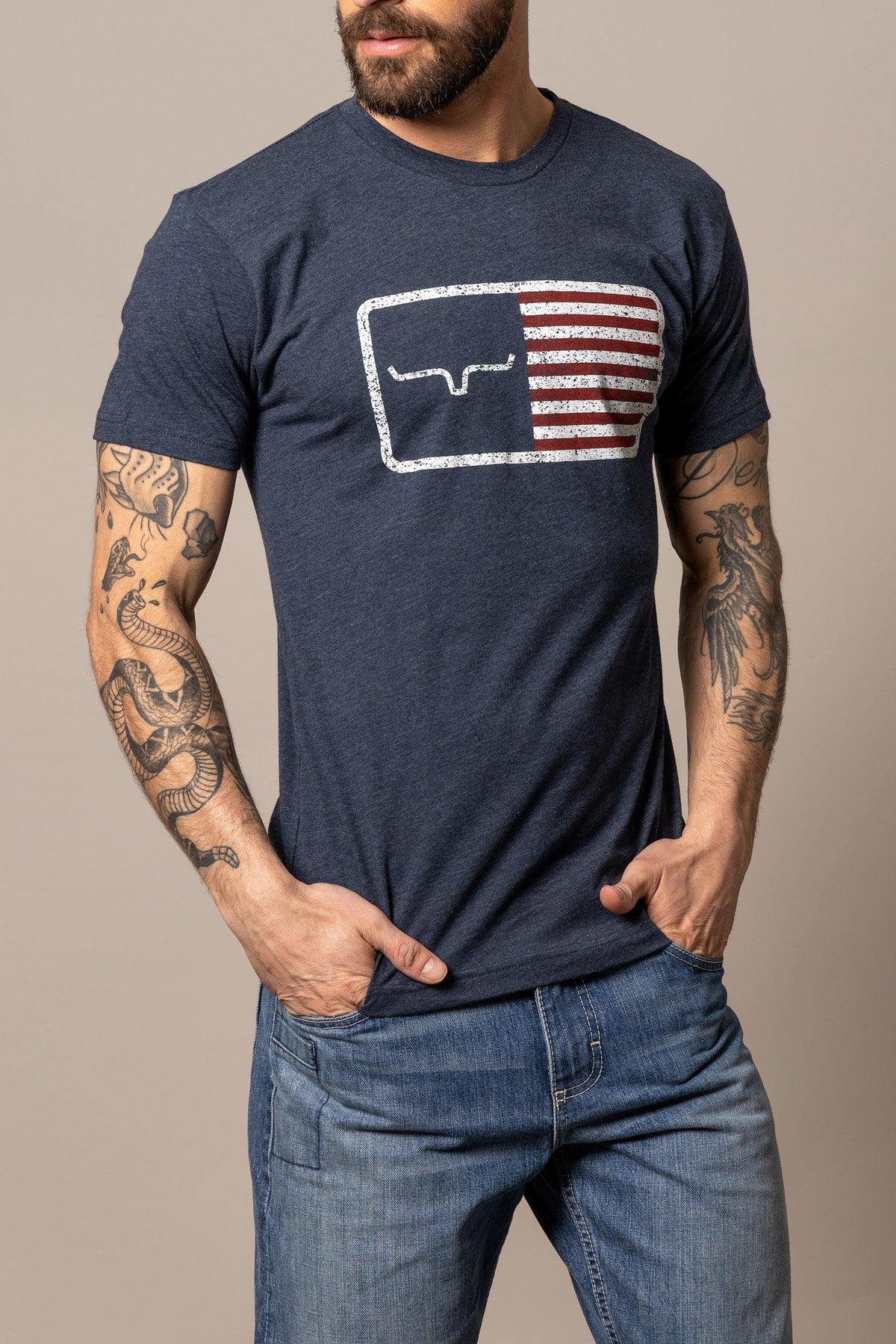 Kimes Ranch American Trucker Tee Shirt in Navy with a distressed Texas flag graphic featuring the Kimes Ranch logo