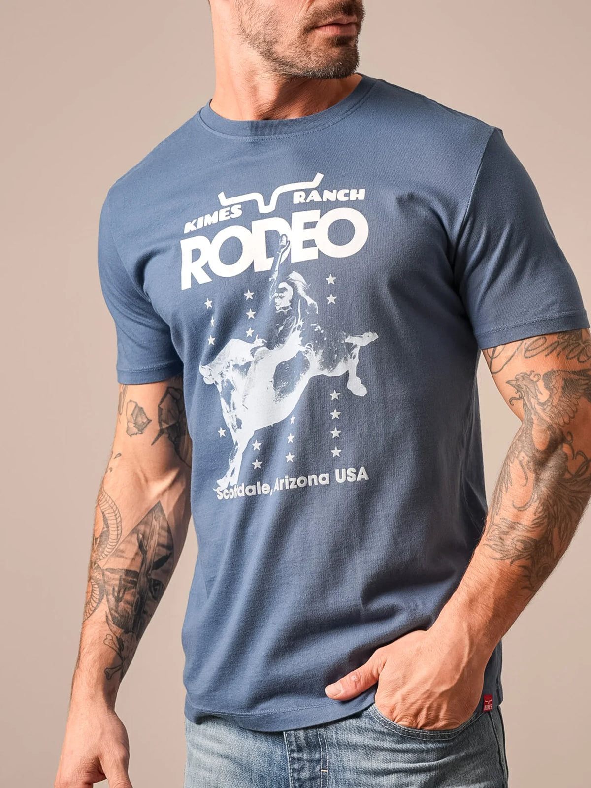 Kimes Ranch Americana 59 shirt in Dark Blue with a graphic of a cowboy riding a bucking horse