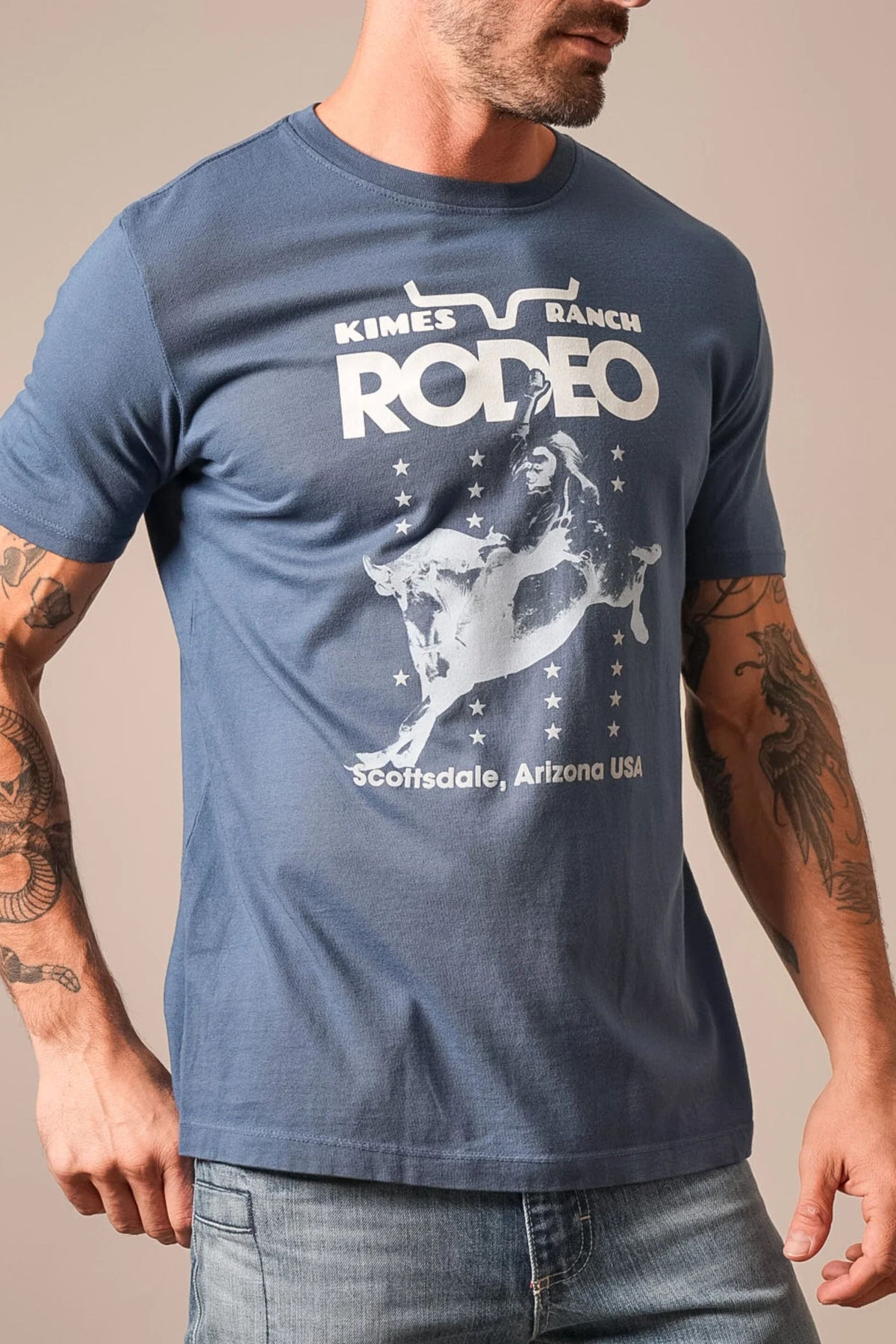 Kimes Ranch Americana 59 shirt in Dark Blue with a rodeo graphic and Scottsdale Arizona USA text