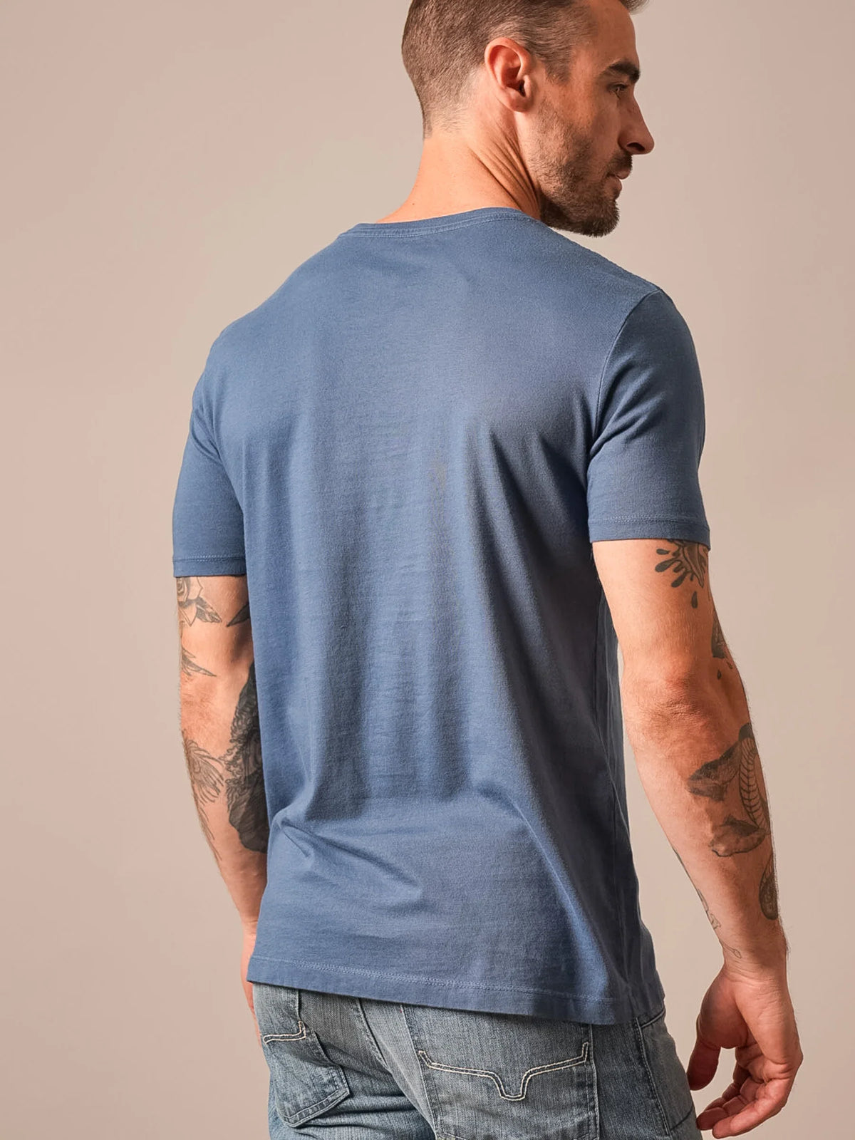 Kimes Ranch Americana 59 shirt in Dark Blue, back view, with short sleeves and a crew neck