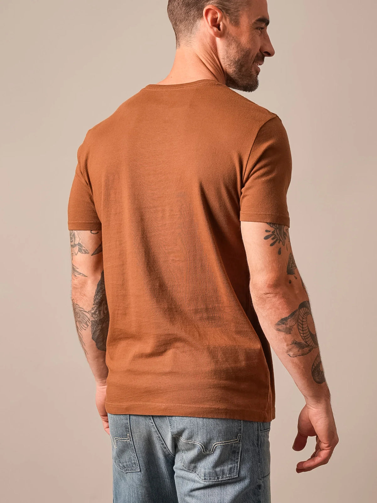 Kimes Ranch Americana 59 shirt in Dark Brown, back view, with short sleeves and a crew neck