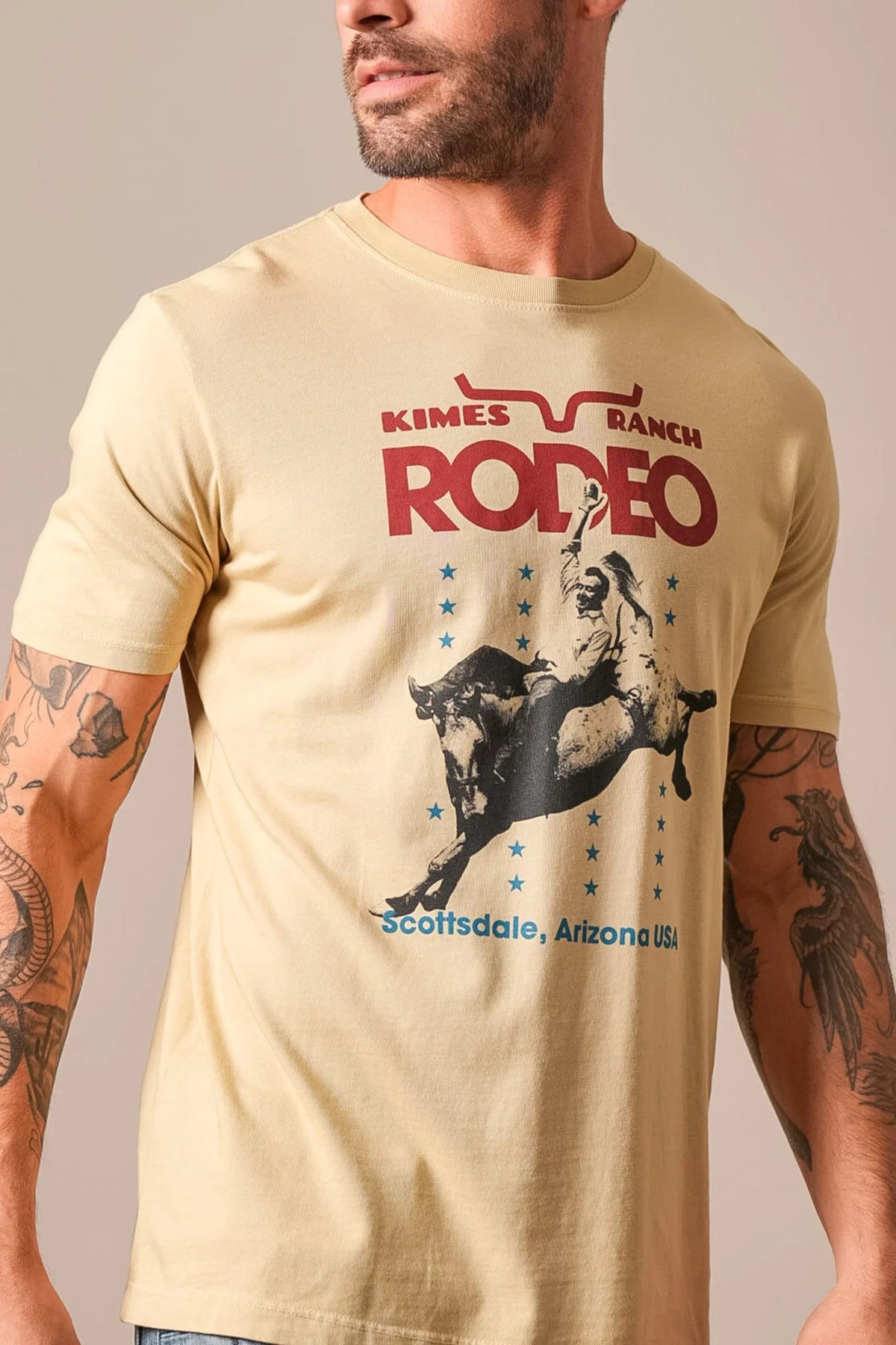 Kimes Ranch Americana 59 shirt in Sand with a rodeo graphic and Scottsdale Arizona USA text