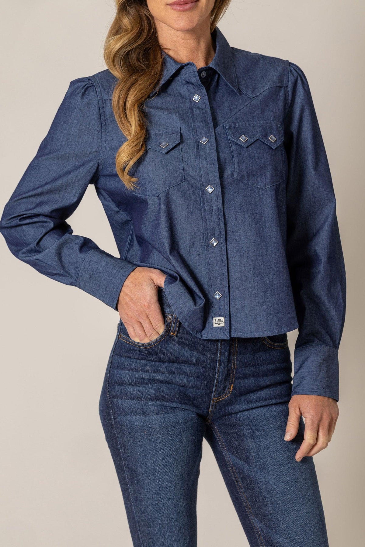 Kimes Ranch Annie Cropped Snap top in Dark Indigo with long sleeves and snap closures
