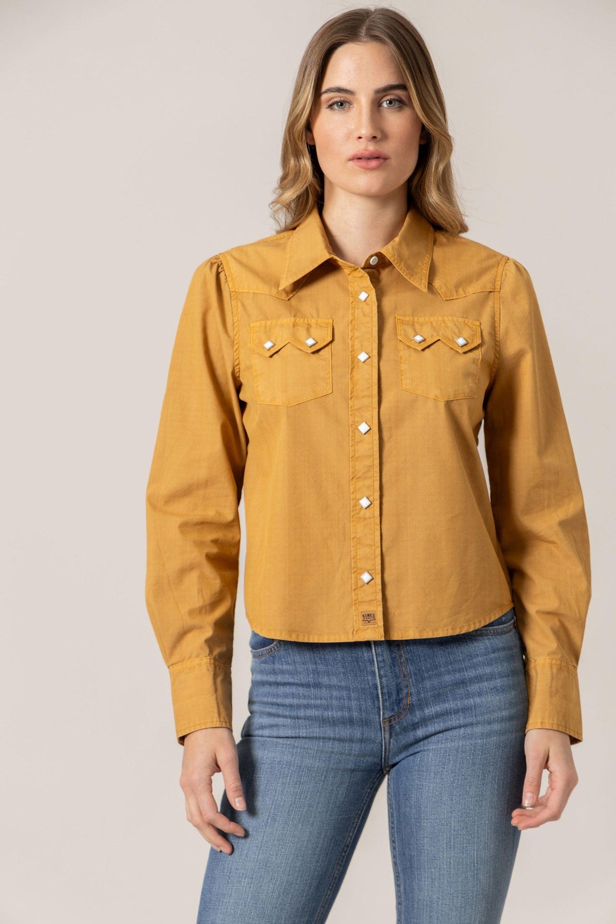 Kimes Ranch Annie Cropped Snap top in Work Wear Brown with snap buttons and yoke detail