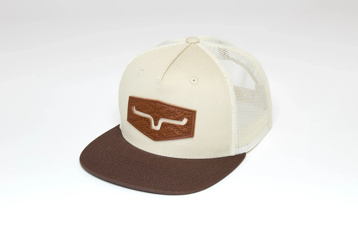 Kimes Ranch Arbor hat in Natural, side view, with a brown brim and logo patch