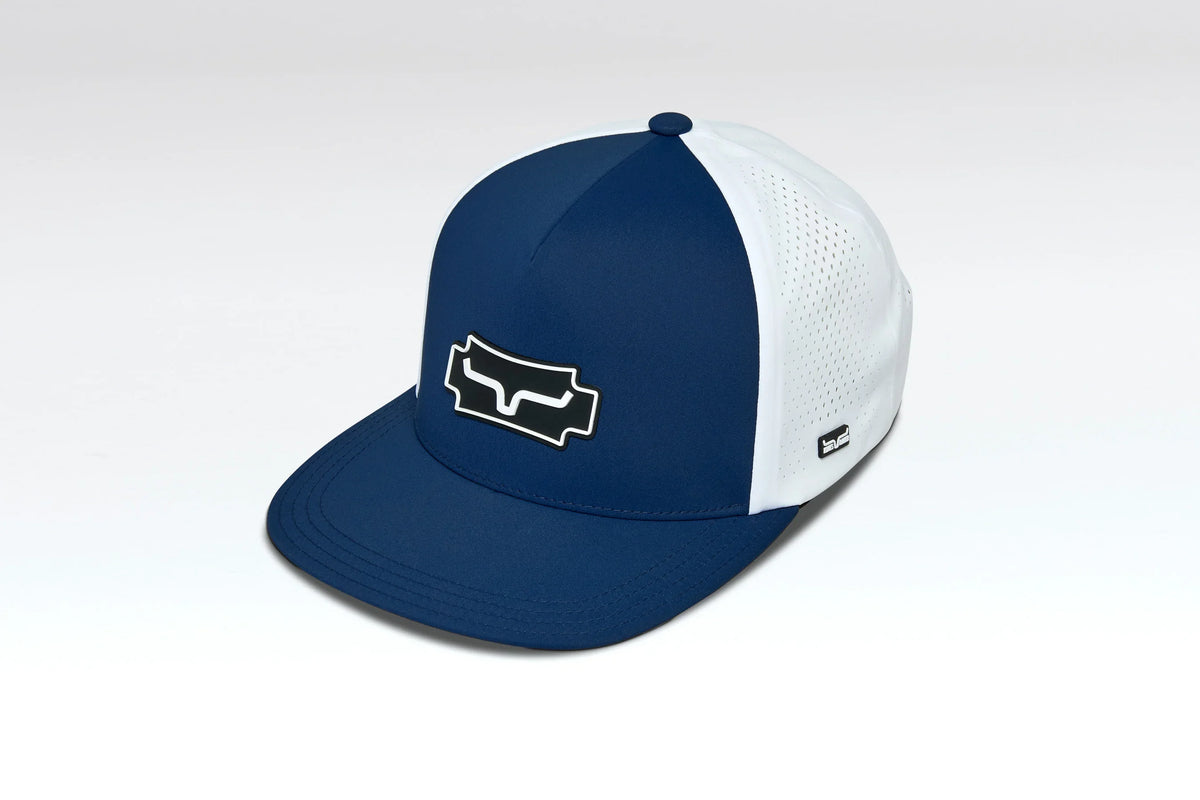 Kimes Ranch Arena hat in Navy, side view, with white mesh back panels and a Kimes Ranch logo on the front