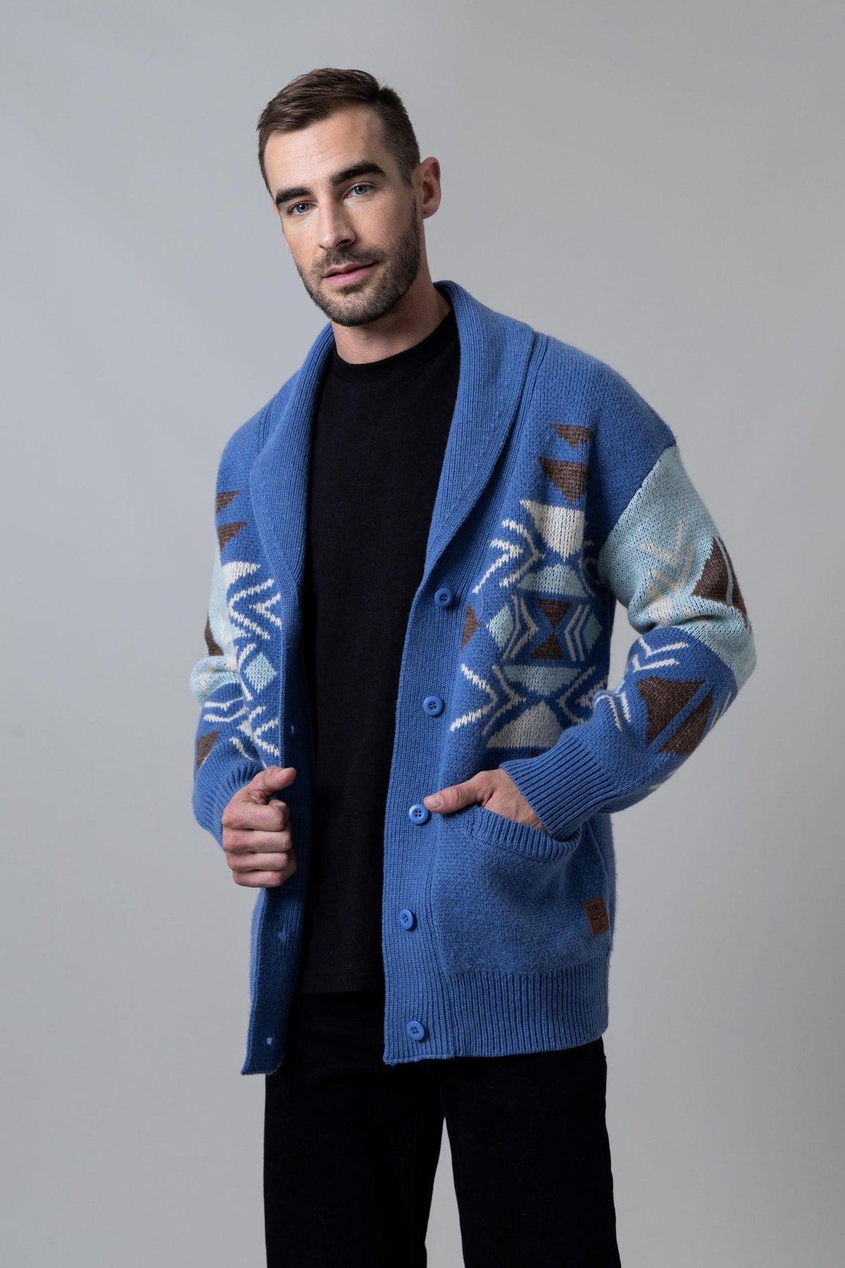 Kimes Ranch Artesia Cardigan in Slate Blue with geometric knit pattern and front pockets