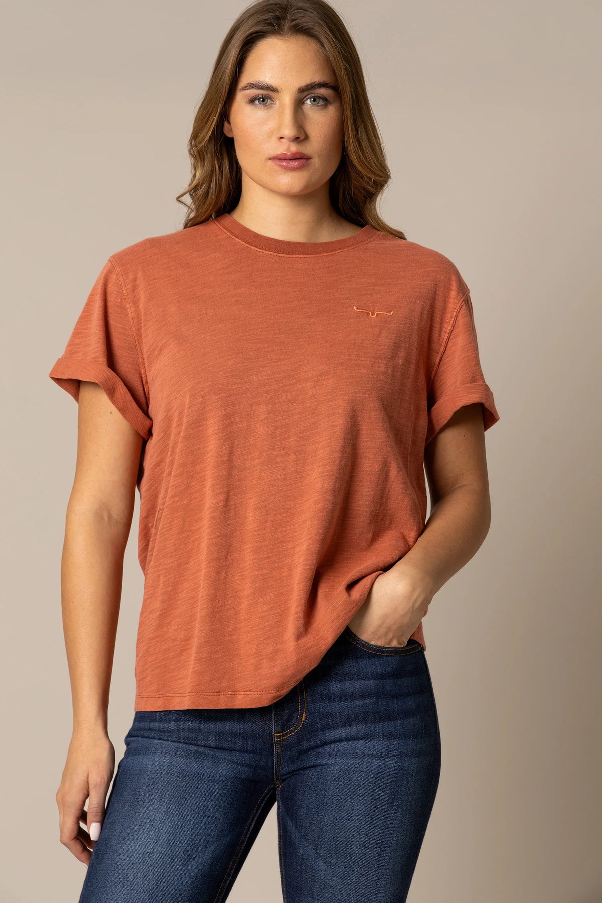 Kimes Ranch Ashley Tee in Burnt Red with short sleeves and a crew neckline featuring the Kimes Ranch logo