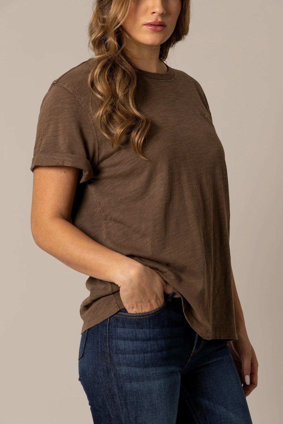 Kimes Ranch Ashley Tee in Cocoa, side view, with a crewneck and short sleeves