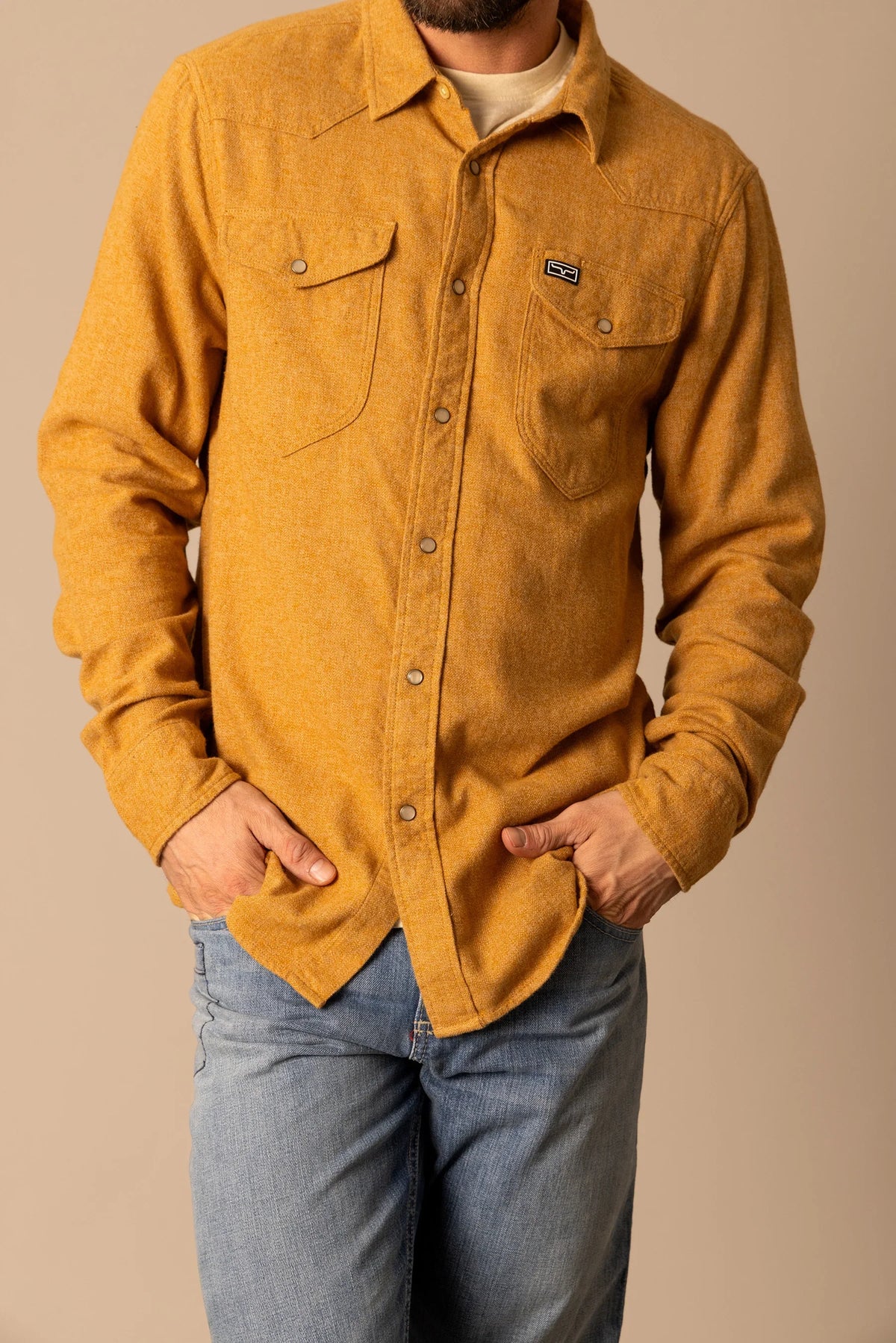 Kimes Ranch Atwater dress shirt in Work Wear Brown with chest pockets and a logo patch