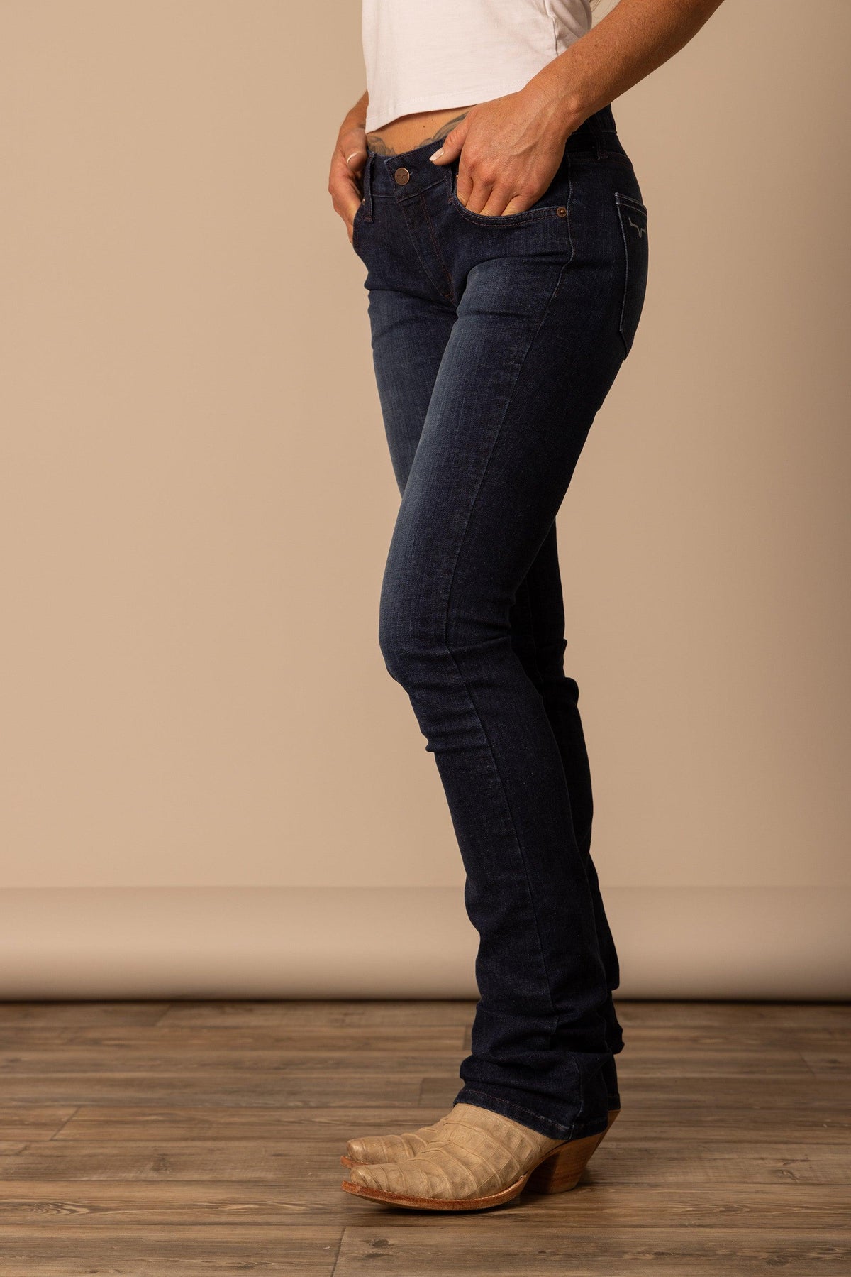 Kimes Ranch Audrey jeans in Dark Wash, side view, with a slim fit and side pockets