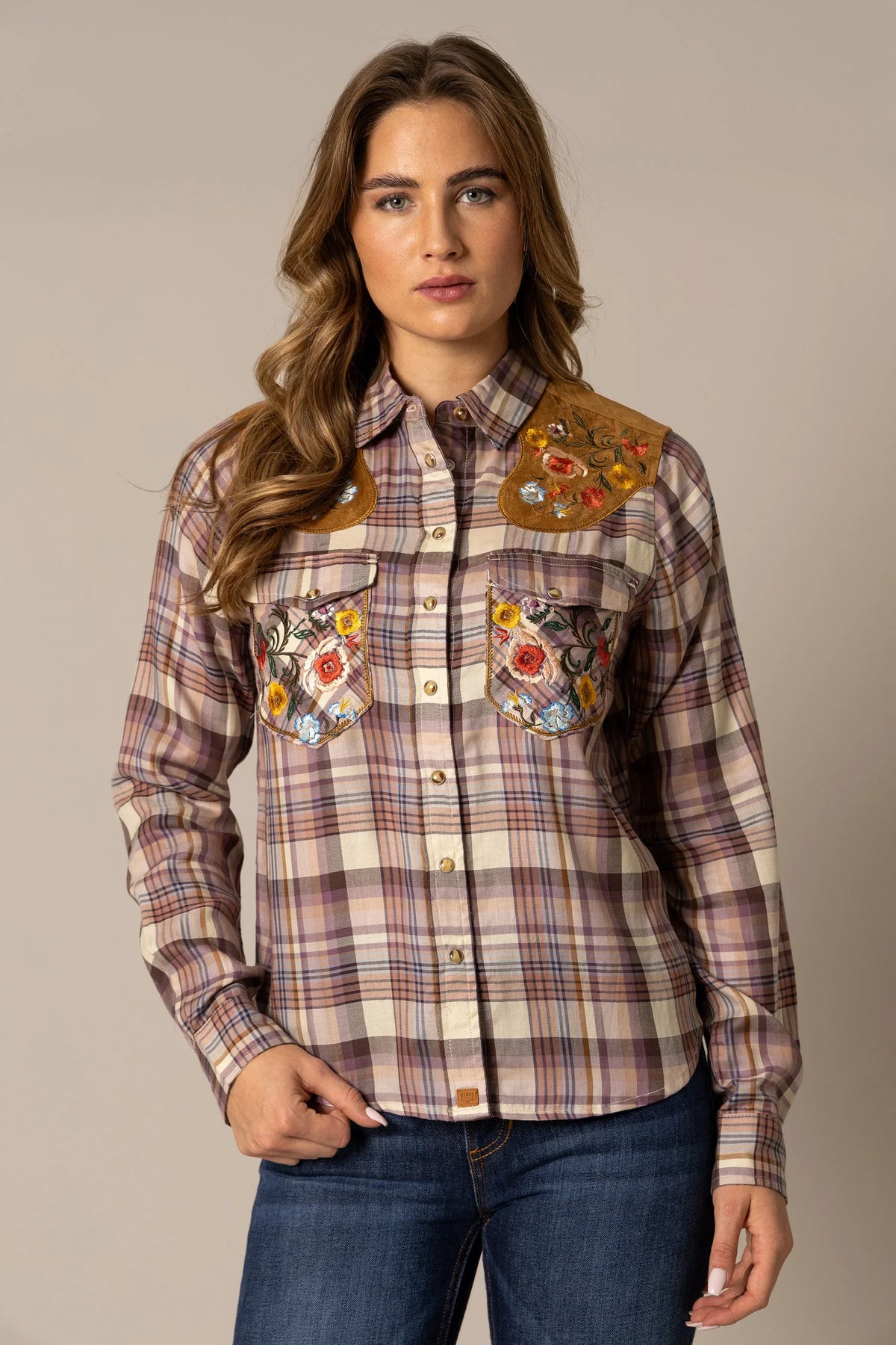 Kimes Ranch Bailey top in Work Wear Brown with floral embroidery on yoke and pockets