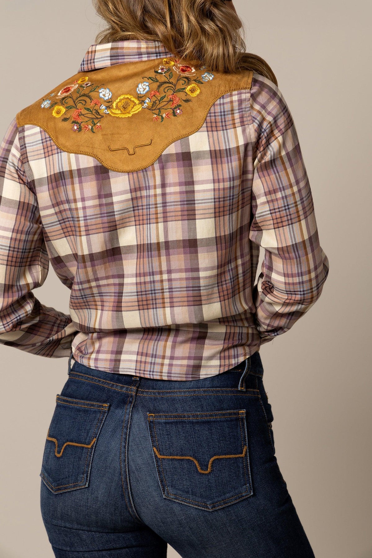 Kimes Ranch Bailey top in Work Wear Brown, back view, with floral embroidery on the back yoke