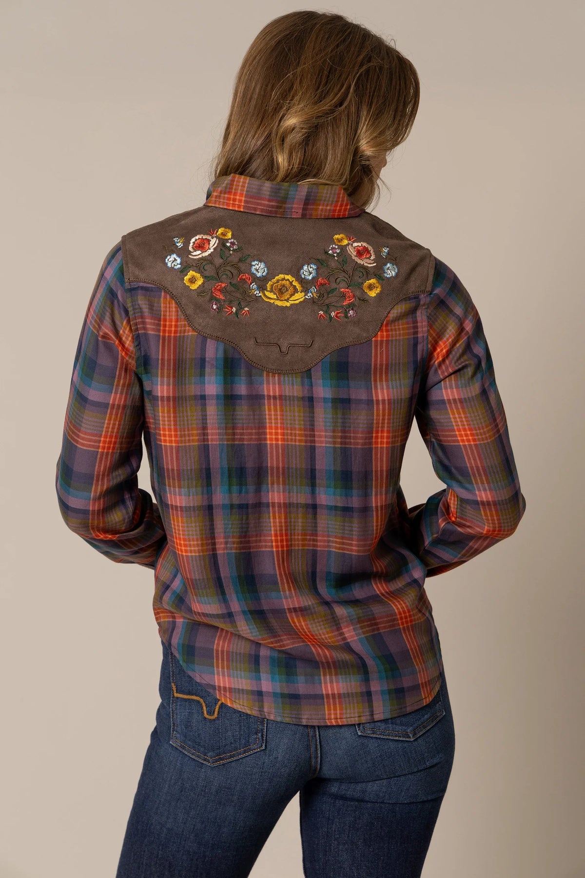 Kimes Ranch Bailey top in Cocoa, back view, with floral embroidery on the back yoke
