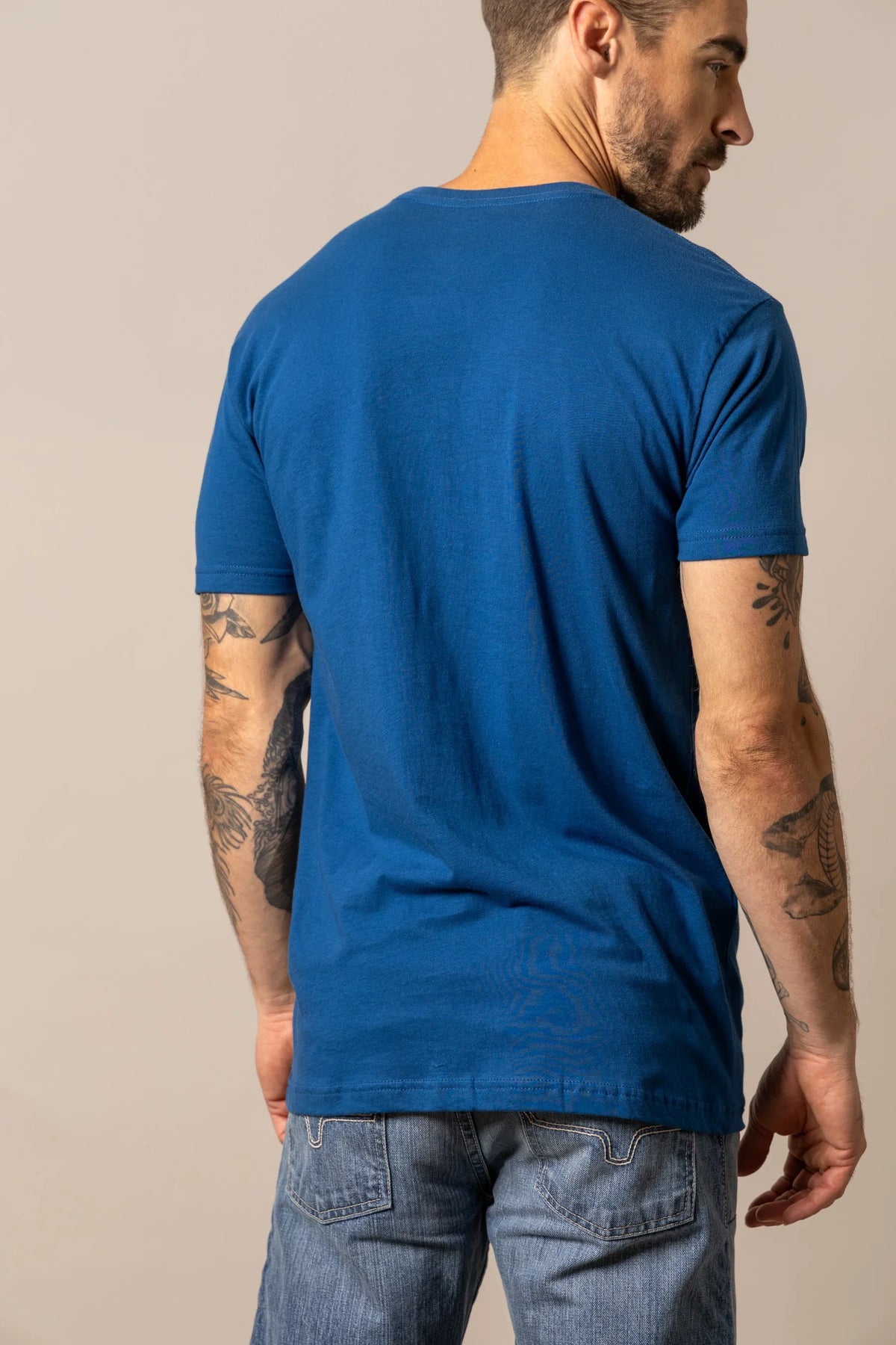 Kimes Ranch Baja Diamond, back view, shirt in blue with short sleeves and a crew neck