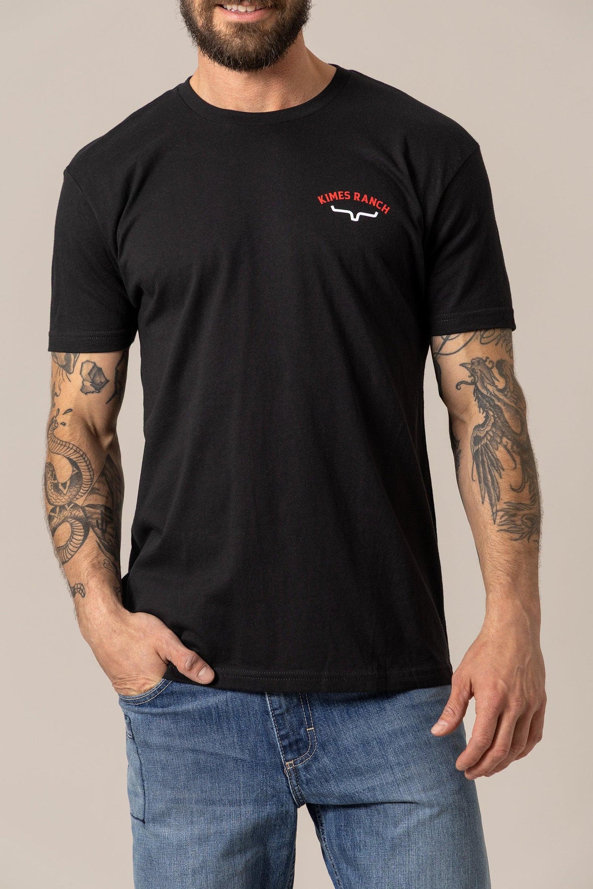 Kimes Ranch Bandera Tee in Black with a chest logo and short sleeves