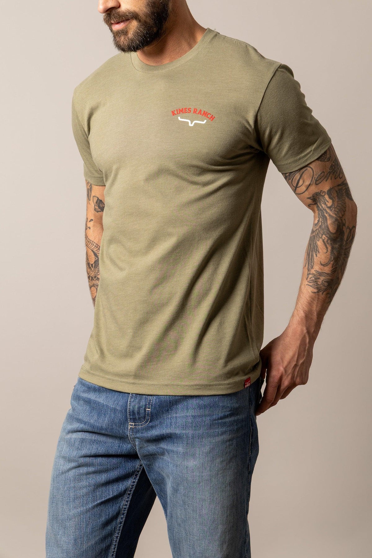 Kimes Ranch Bandera Tee in Light Olive with a chest logo and short sleeves