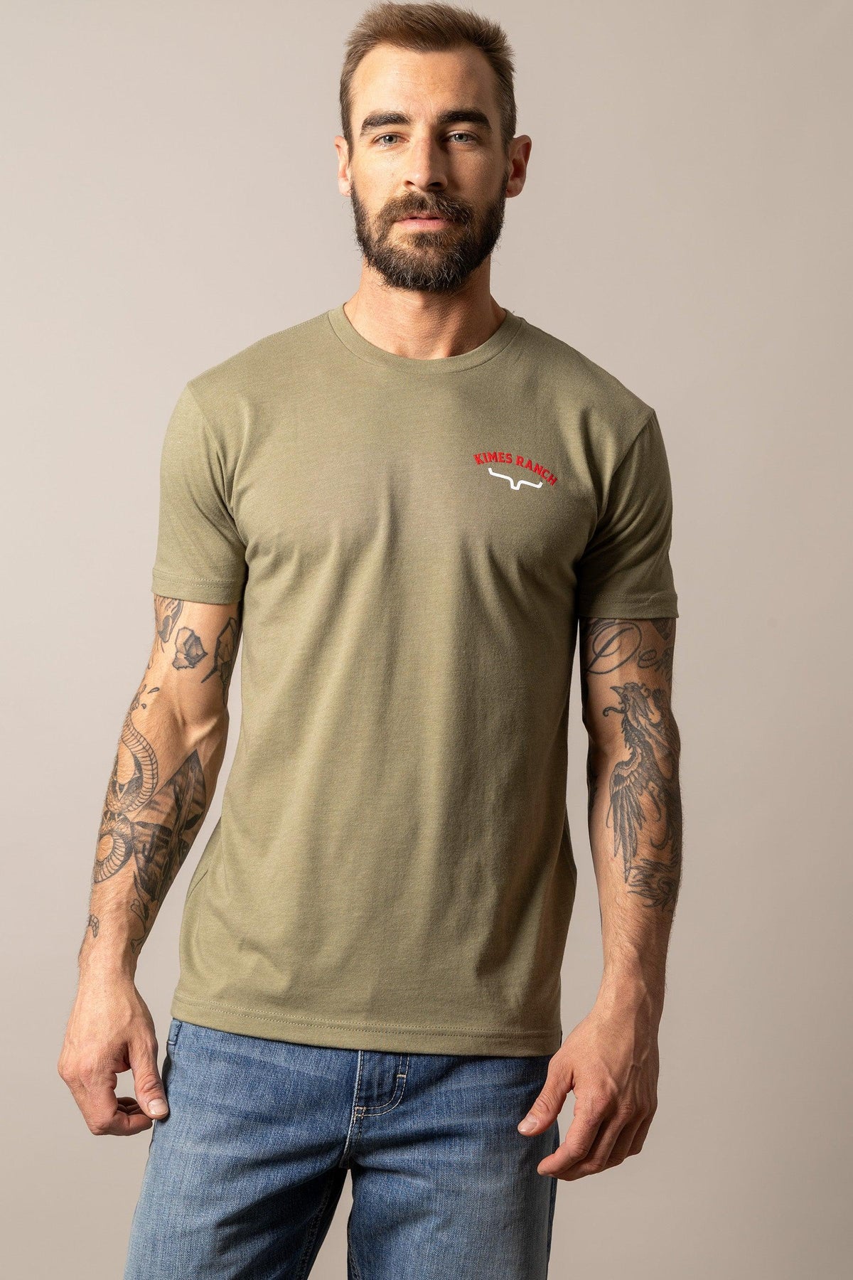 Kimes Ranch Bandera Tee in Light Olive with a chest logo