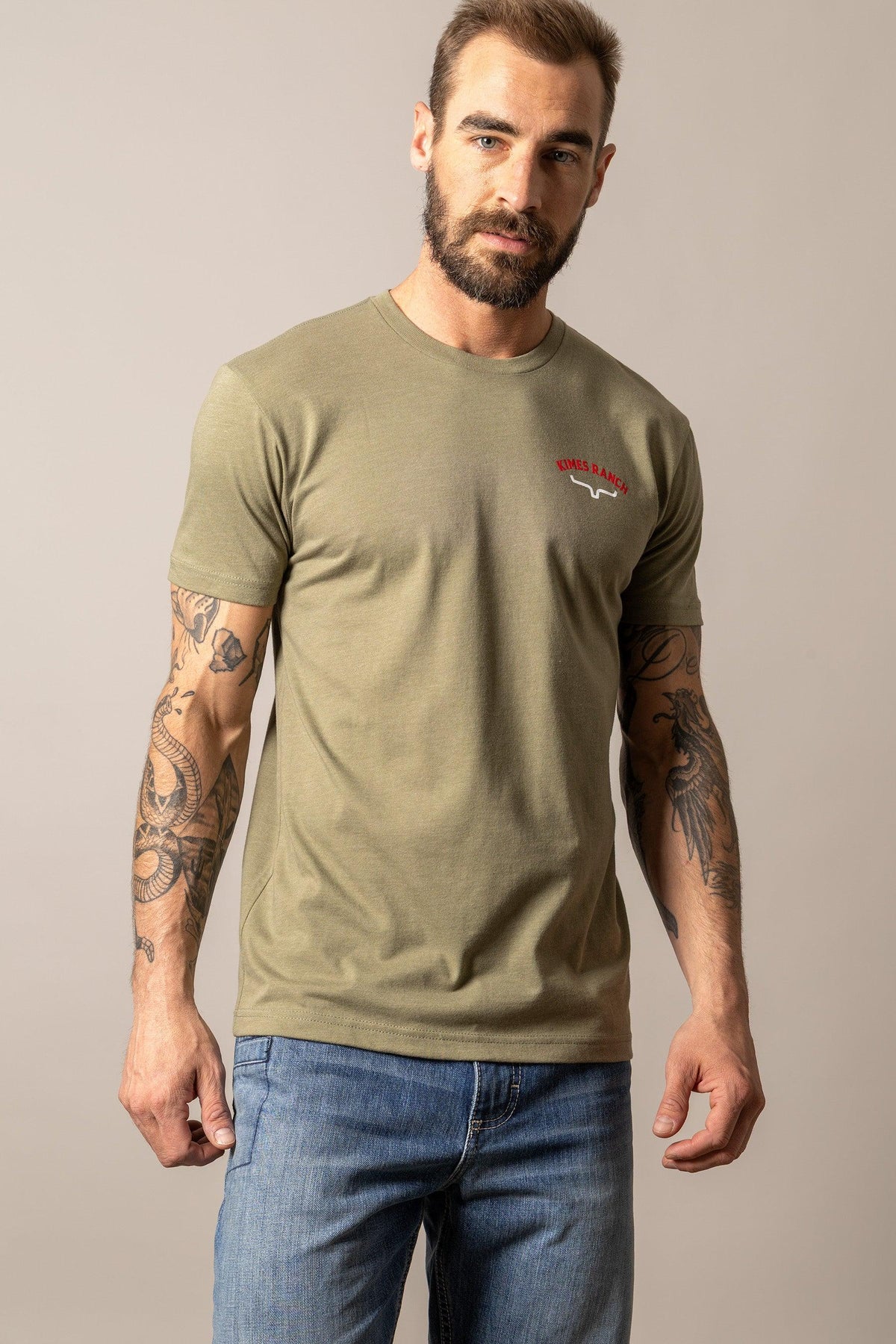Kimes Ranch Bandera Tee in Light Olive with short sleeves and a chest logo