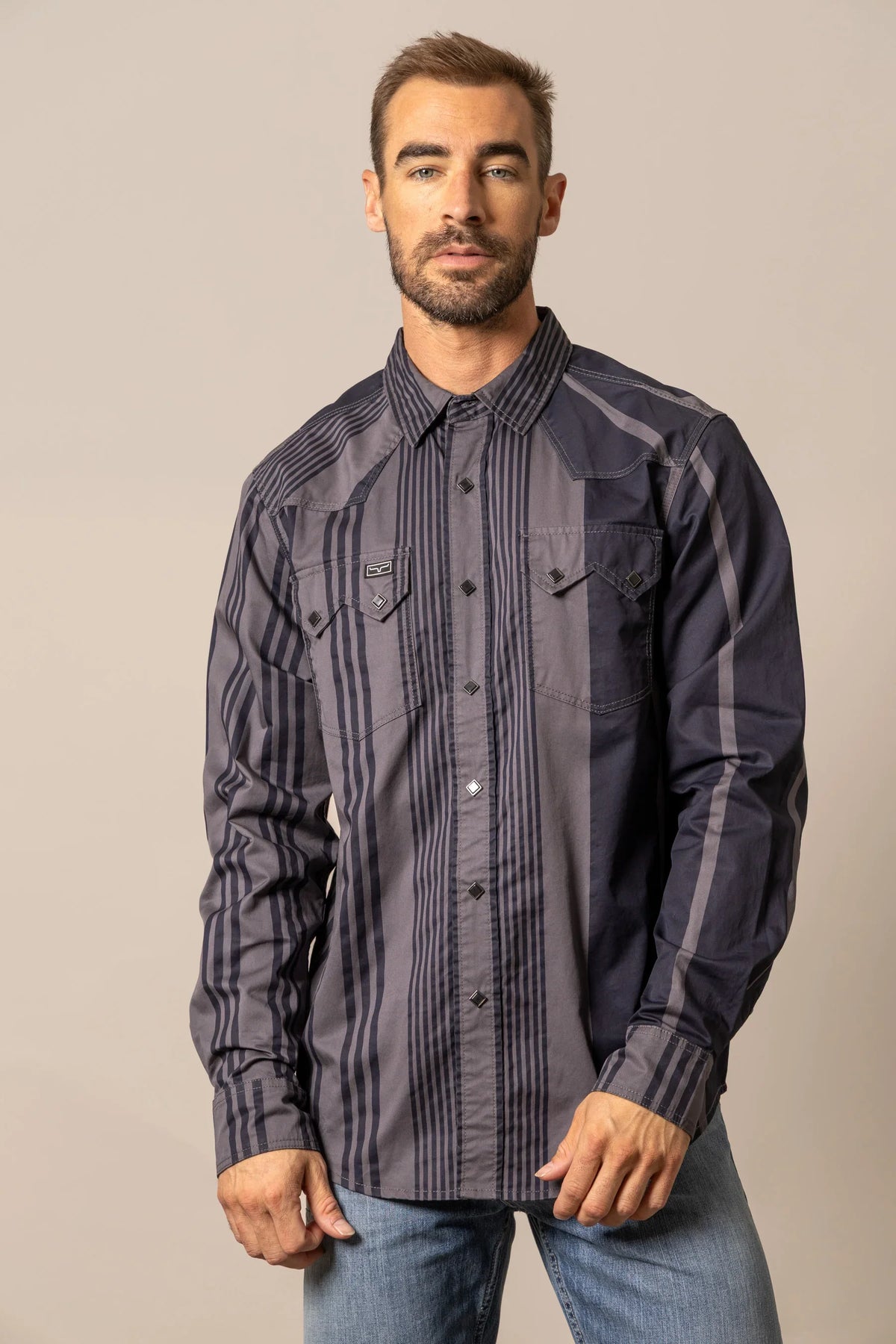 Kimes Ranch Bandit long sleeve dress shirt in Black with vertical stripes and contrast yoke