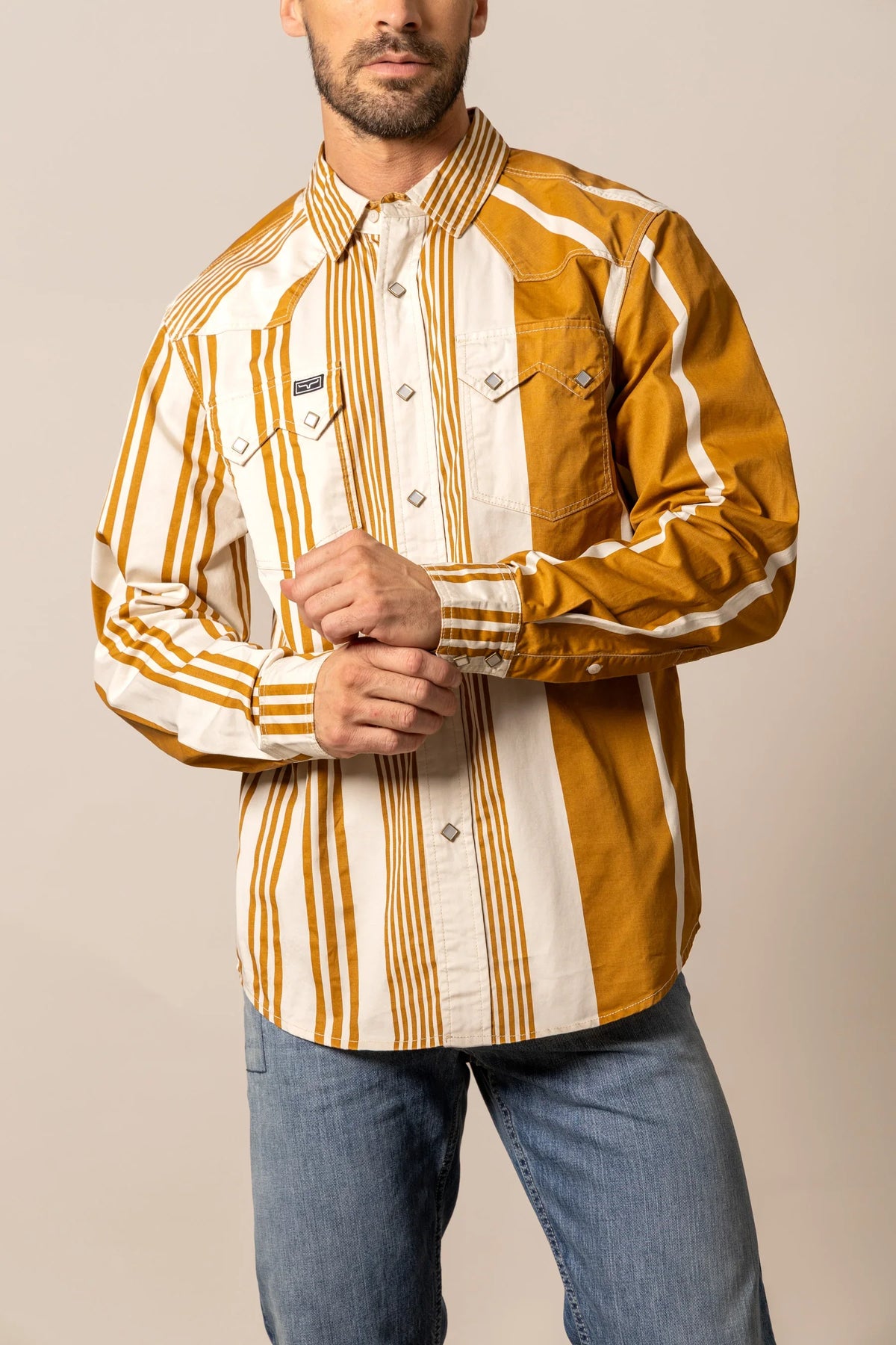 Kimes Ranch Bandit dress shirt in Work Wear Brown with white vertical stripes and chest pockets
