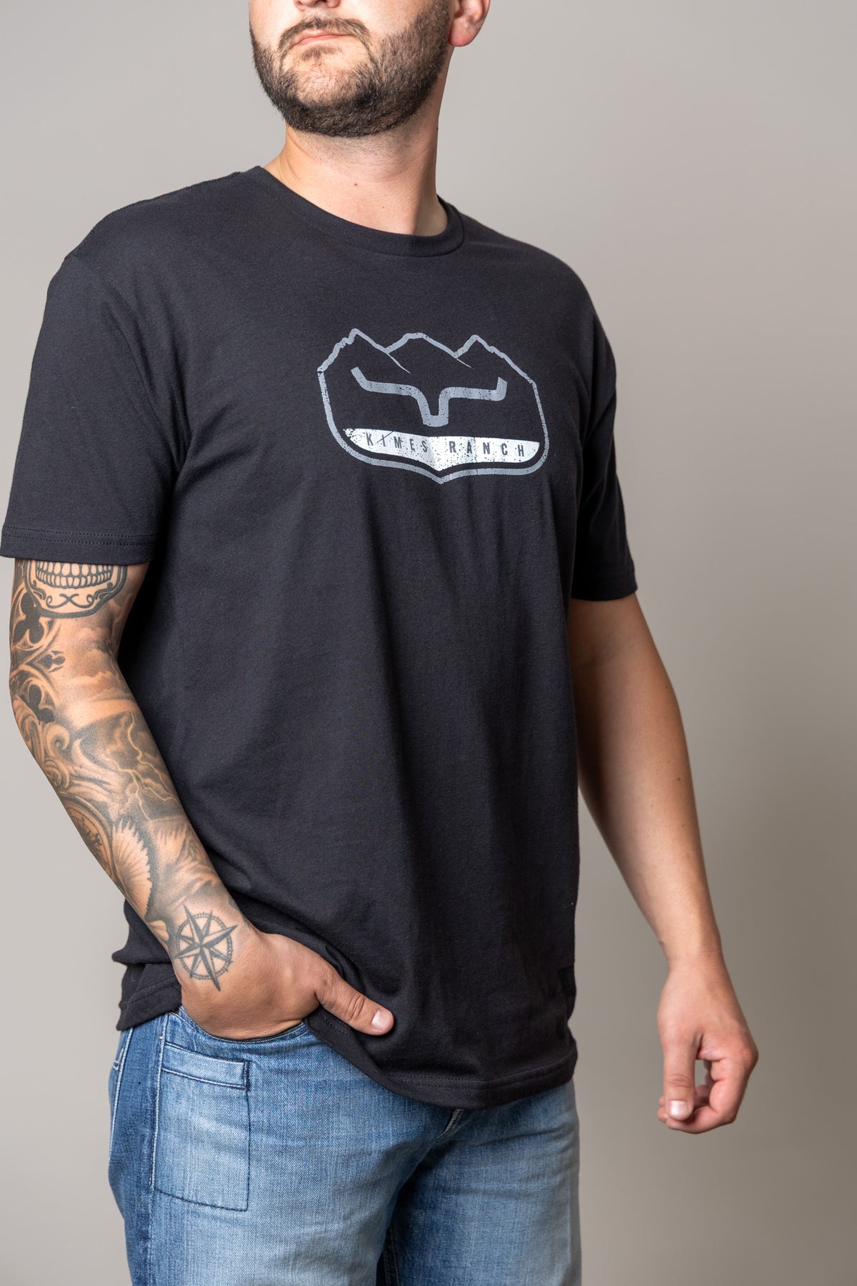 Kimes Ranch Banquet shirt in Black with a graphic print of mountains and the Kimes Ranch logo