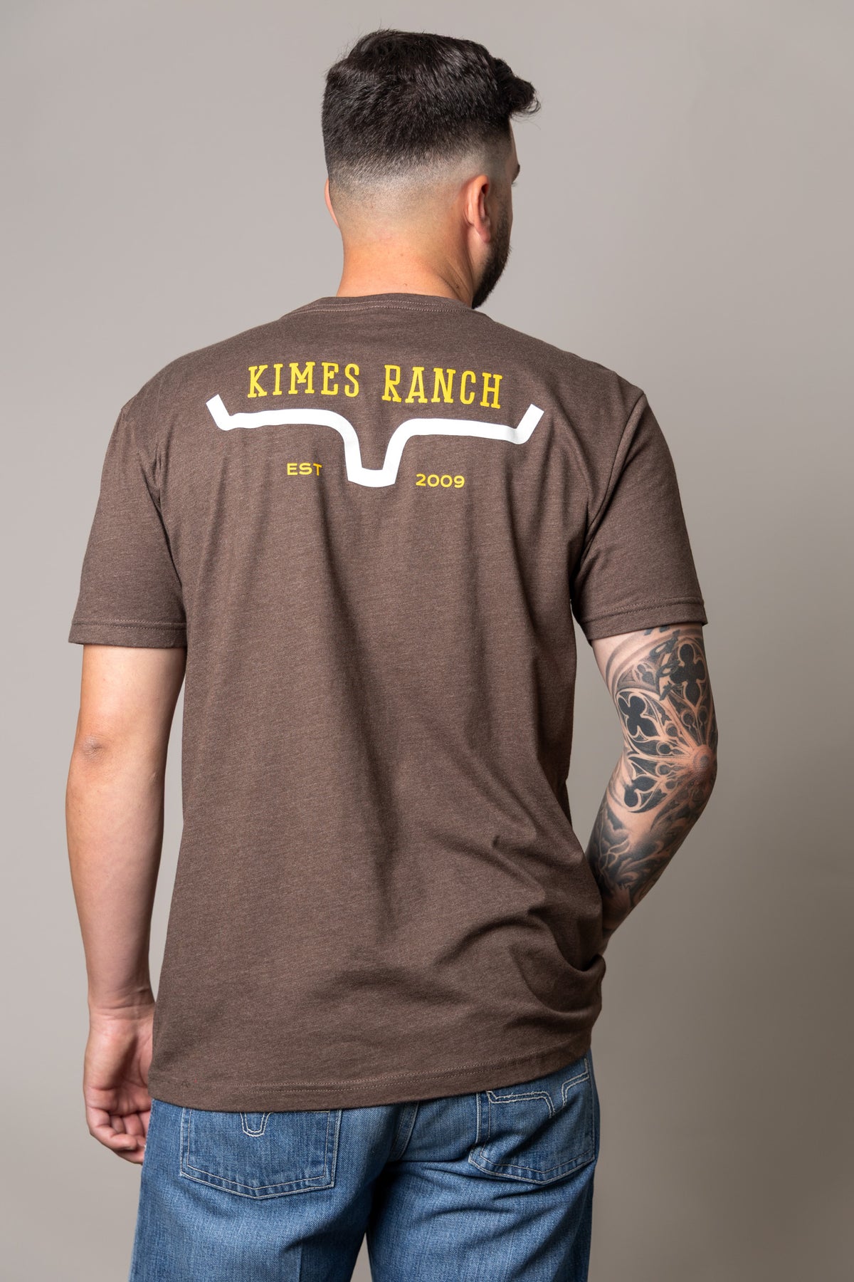 Kimes Ranch Bar Doors shirt in Espresso, back view, with the Kimes Ranch logo and EST 2009 text on the back