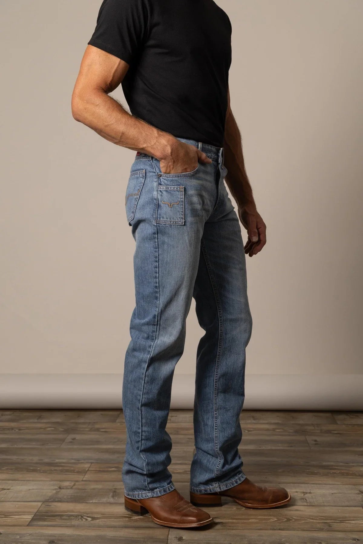 Kimes Ranch Barney Slim Fit Bootcut jeans in blue with a back pocket logo