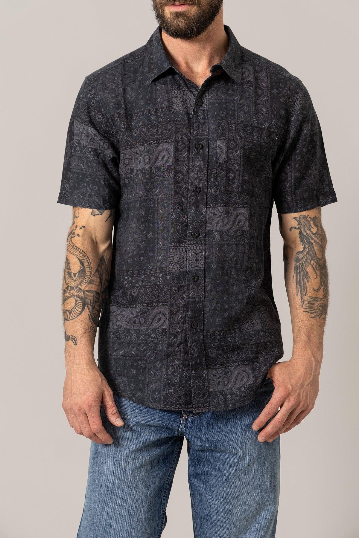 Kimes Ranch Barrett Button Up dress shirt in Black with a subtle all-over paisley print and short sleeves