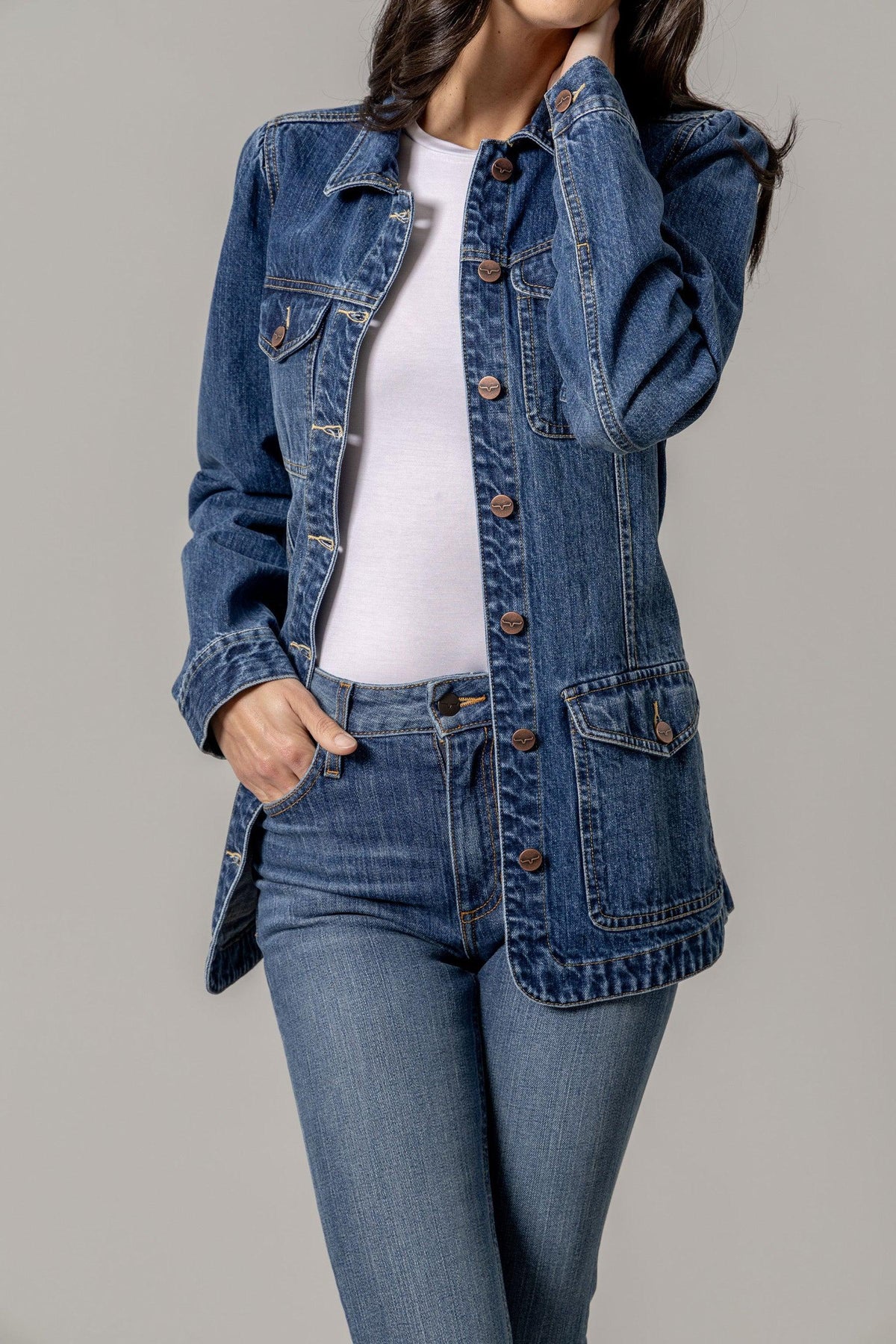 Kimes Ranch Becca Denim Jacket in Antique Wash with button front, chest pockets, and side pockets